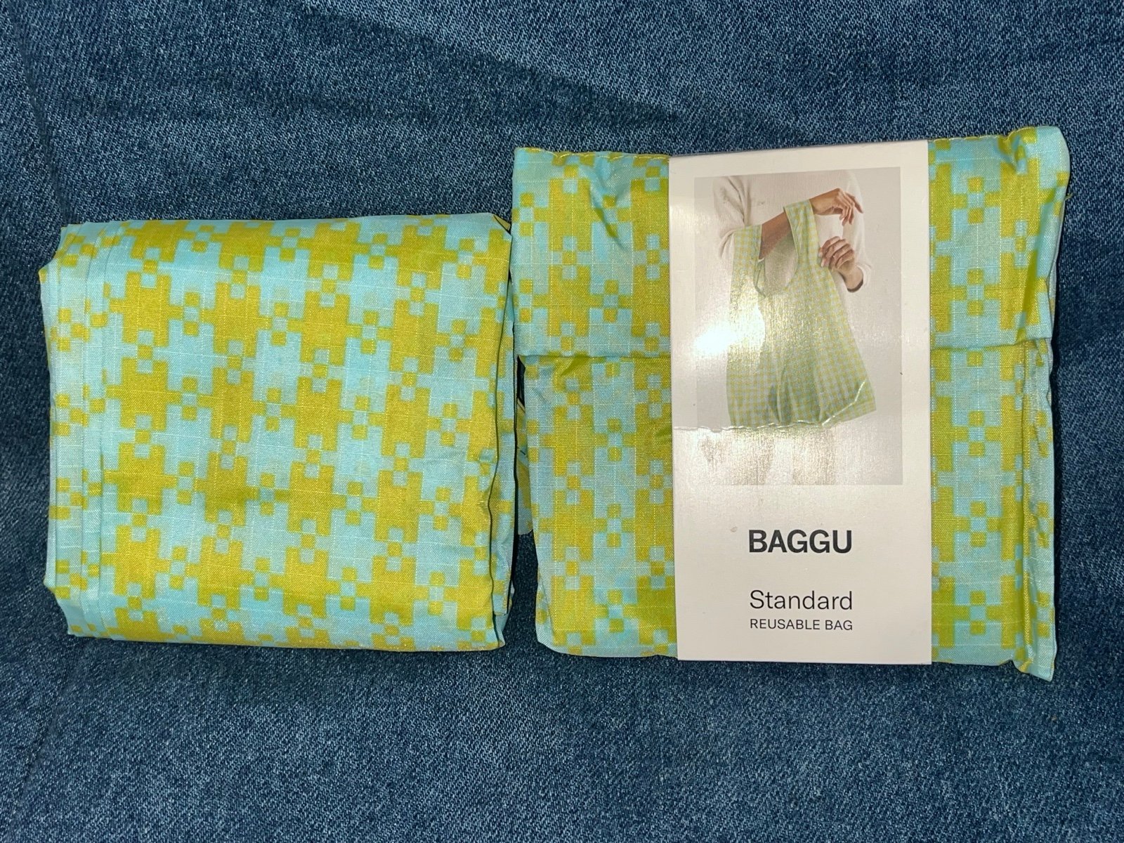 Baggu Green Mint Pixel Wingham Standard Reusable Tote Bag Bundle NWT NWOT