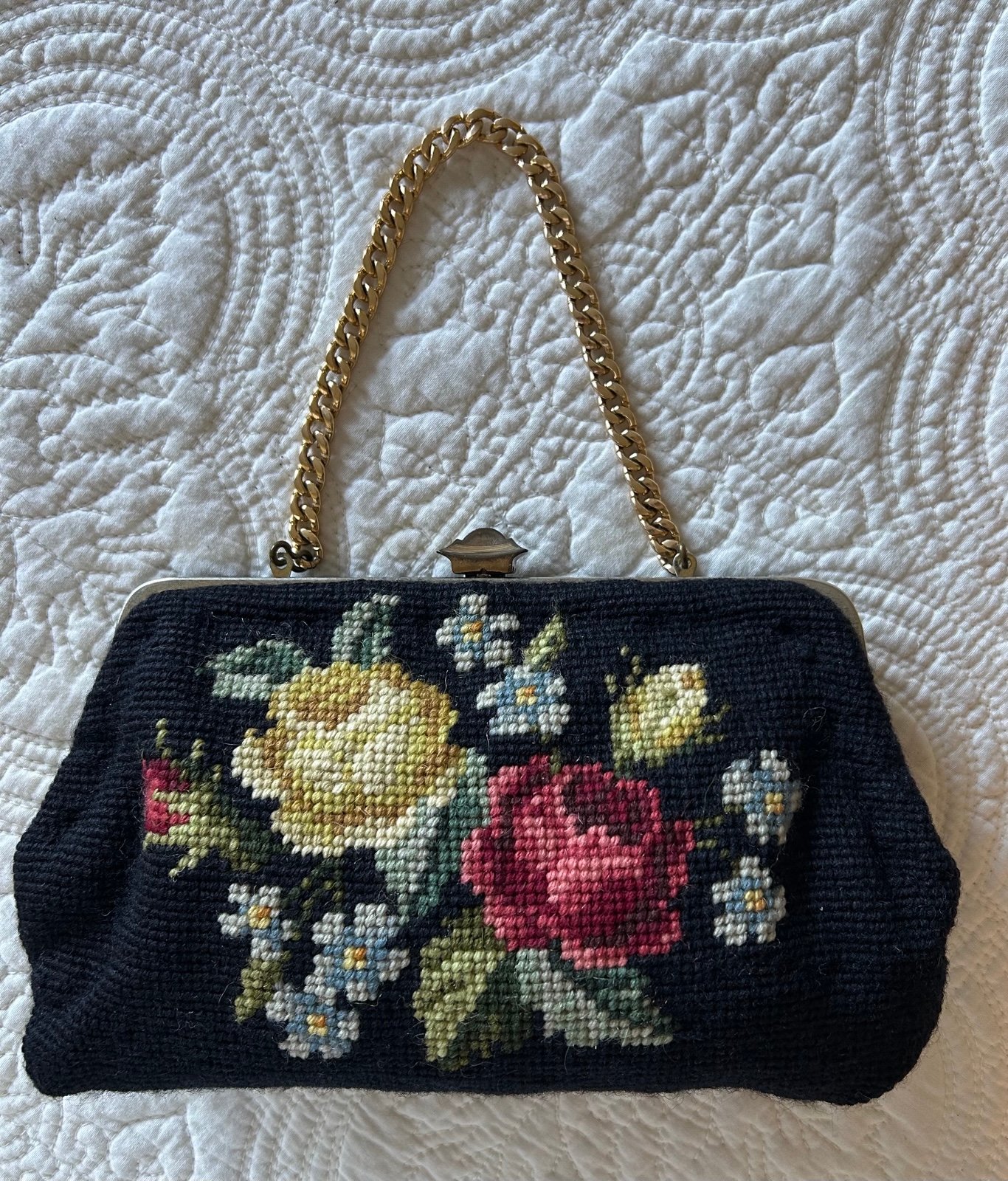 Beautiful Vintage Needlepoint Evening Bag Roses Gold Chain Handmade Purse