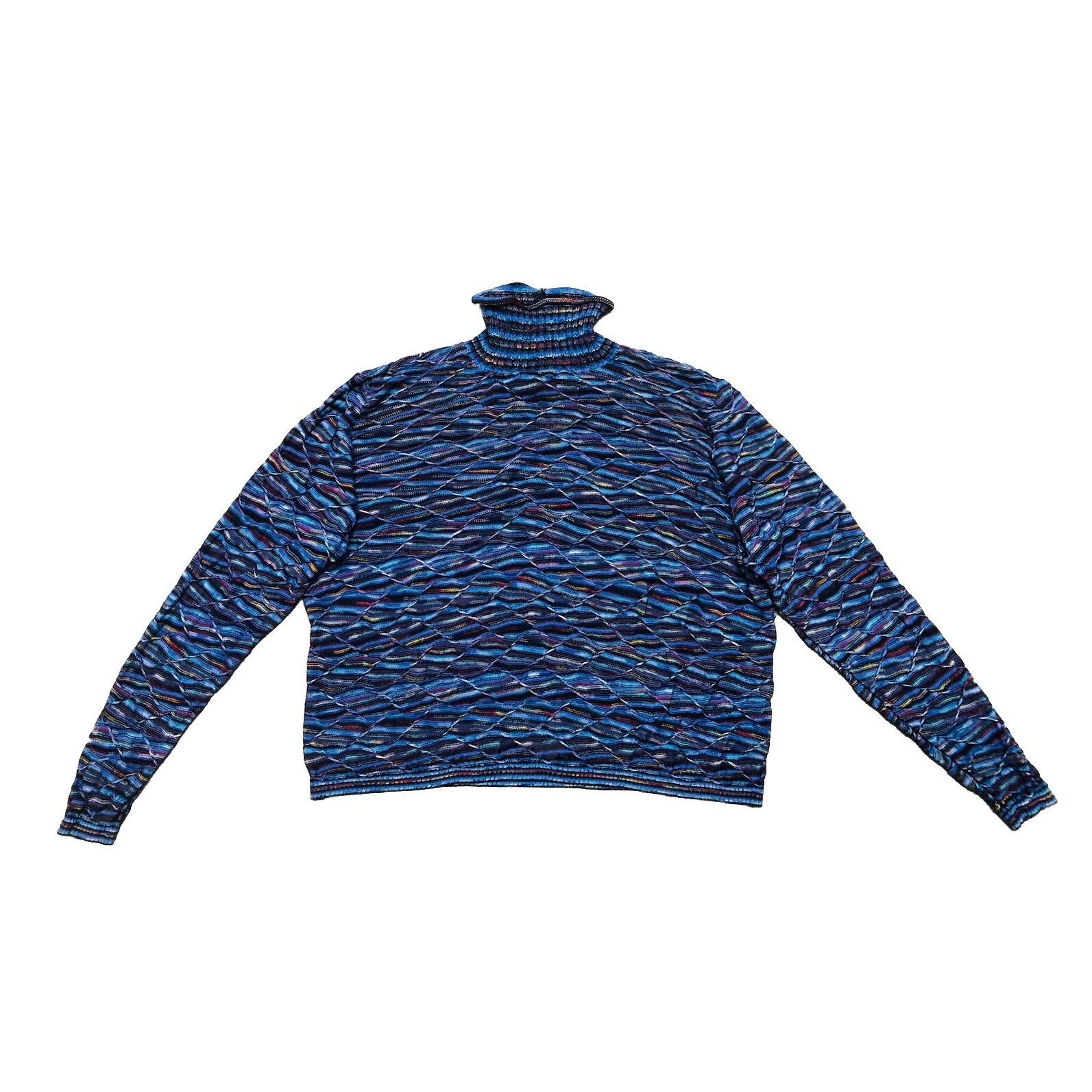 Vtg Brenda French French Rags Turtleneck Sweater Women's L Blue Crop Colorful