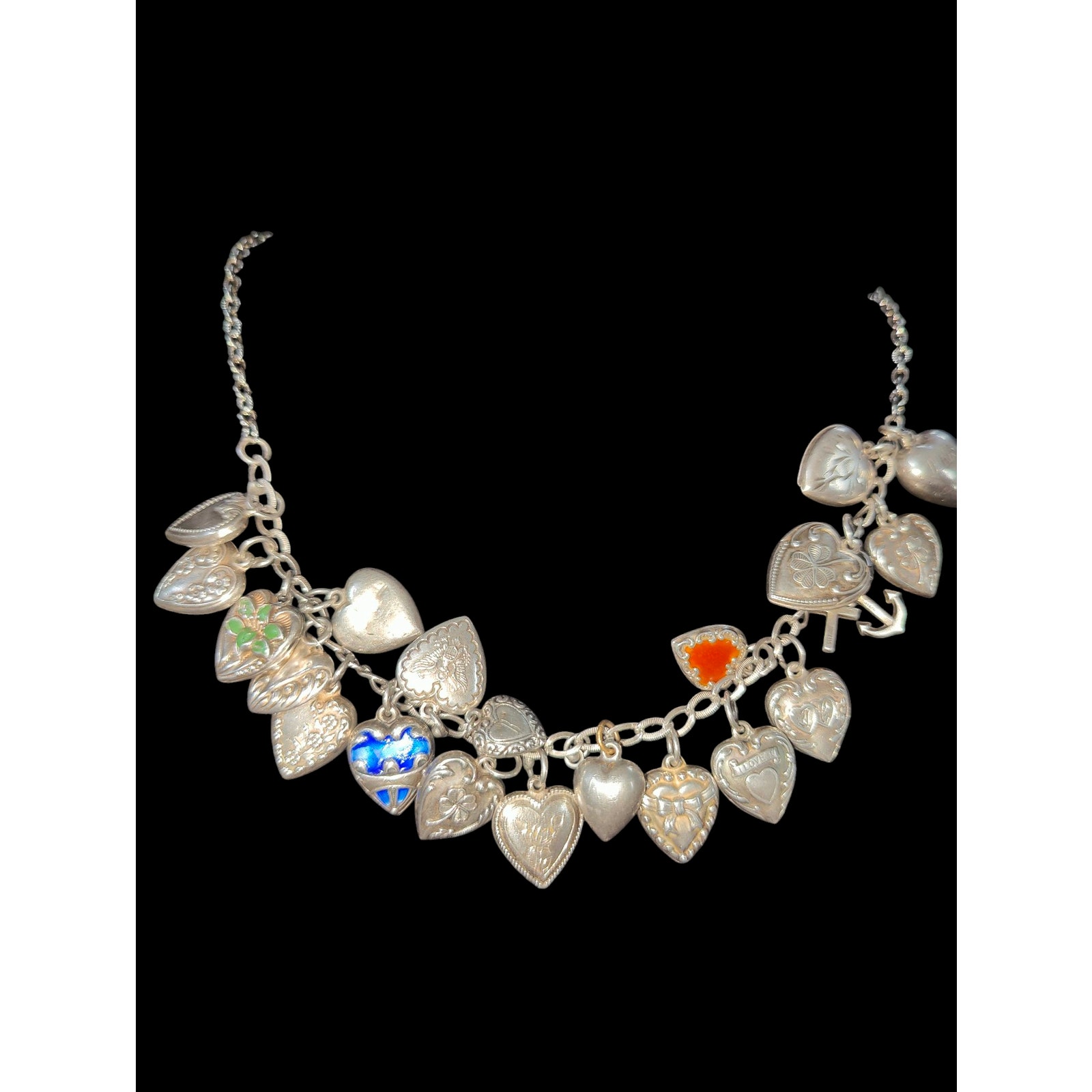 Vintage Victorian Sterling Puffy Heart Charm Necklace