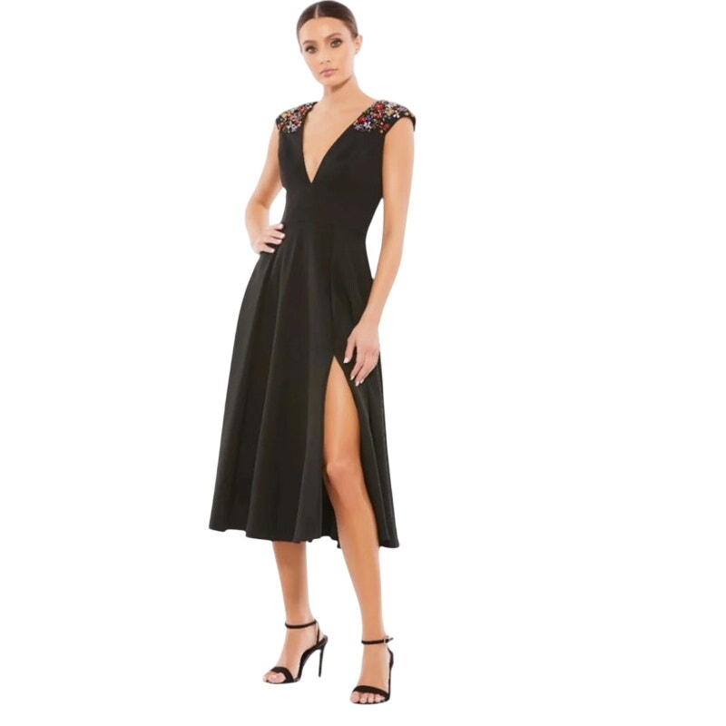 Mac Duggal Sz 8 NEW Style 55690 Black Beaded Cap Sleeve A Line Tea Midi Dress
