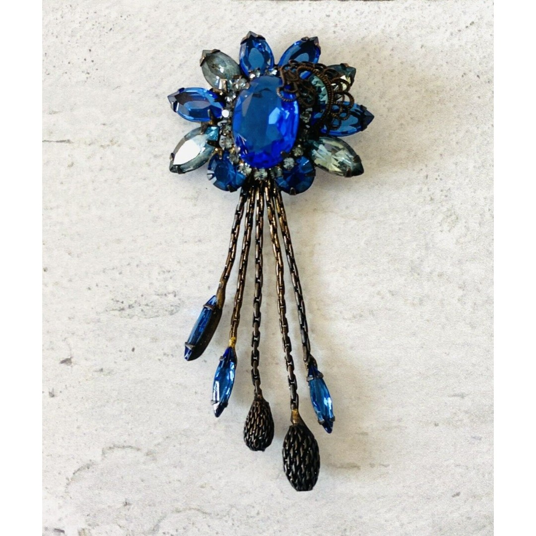 Vintage Blue Rhinestones Fan and Tassel Brooch Japanned Finish Very Well Made