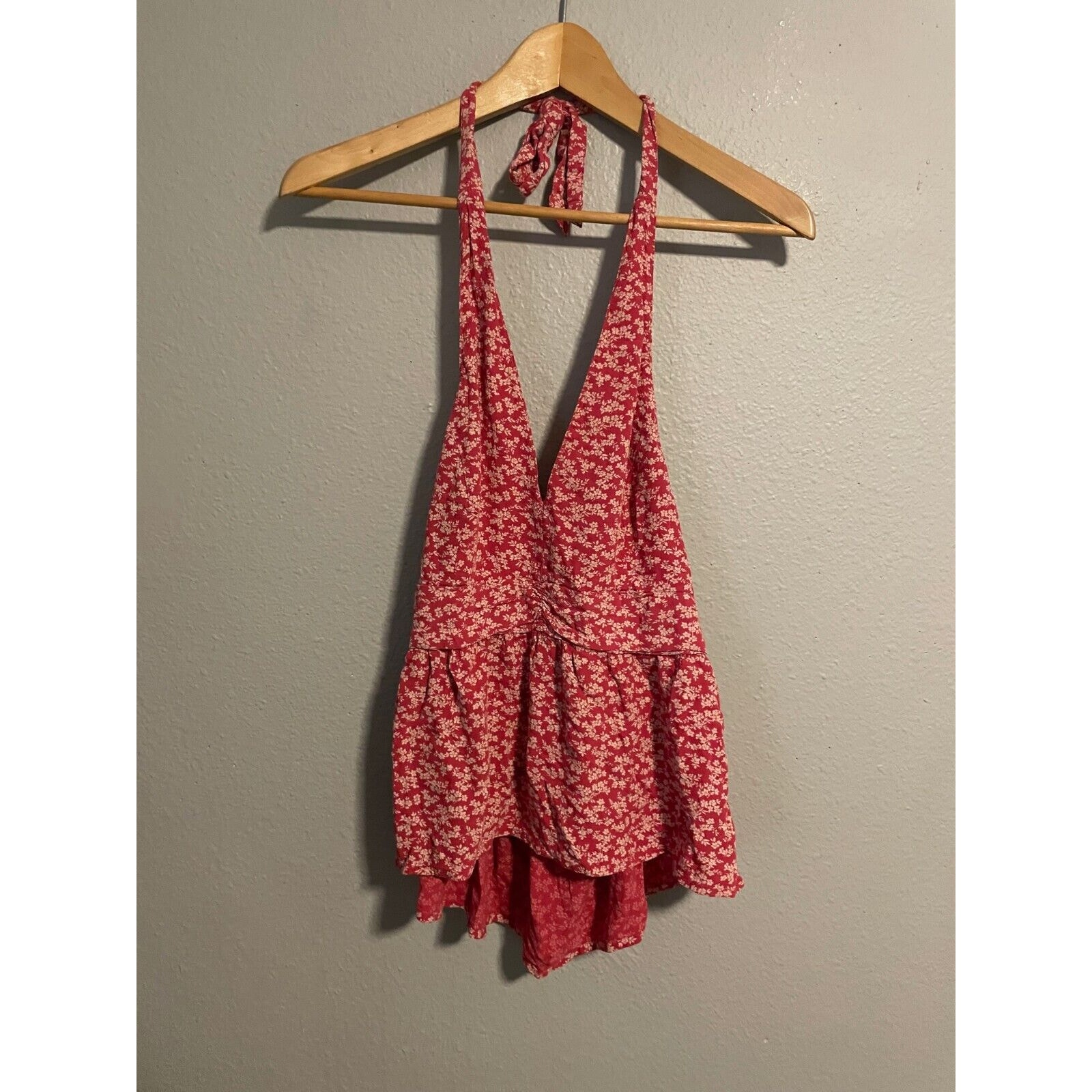 American Eagle Womens Crop Top Medium Pink Floral Halter Babydoll Cottagecore