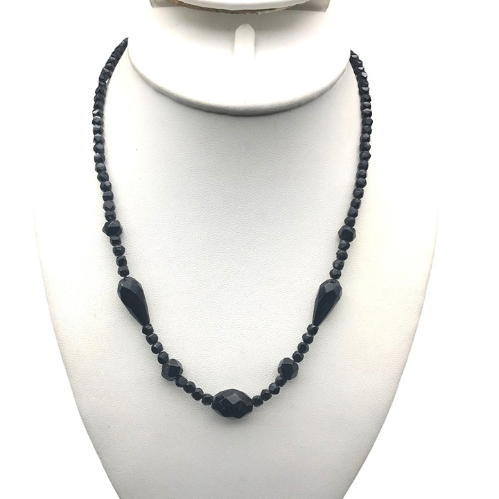 Antique Czech Glass Black Beads, French Jet Beaded Strand Flapper Necklace