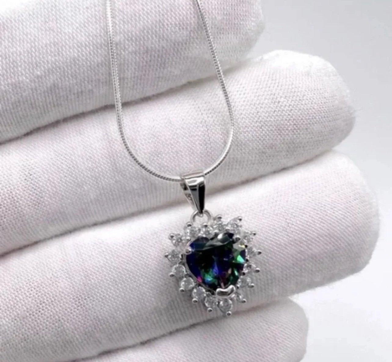 .925 Sterling Silver Rainbow Topaz Cz & Clear Cz Heart Necklace