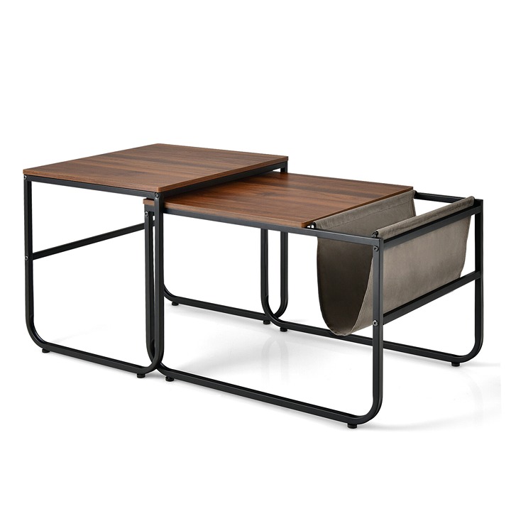 Set of 2 Industrial Stackable Side Table Nesting Coffee Table w/ Magazine Holder