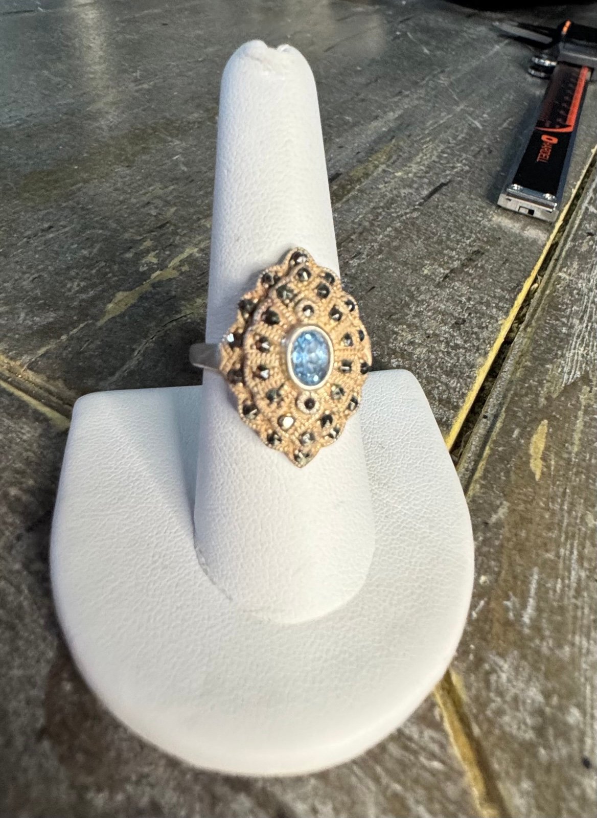 Vintage Blue Topaz And Marcasite Sterling Silver State Ring - Size 9.25 ~ 7.61g
