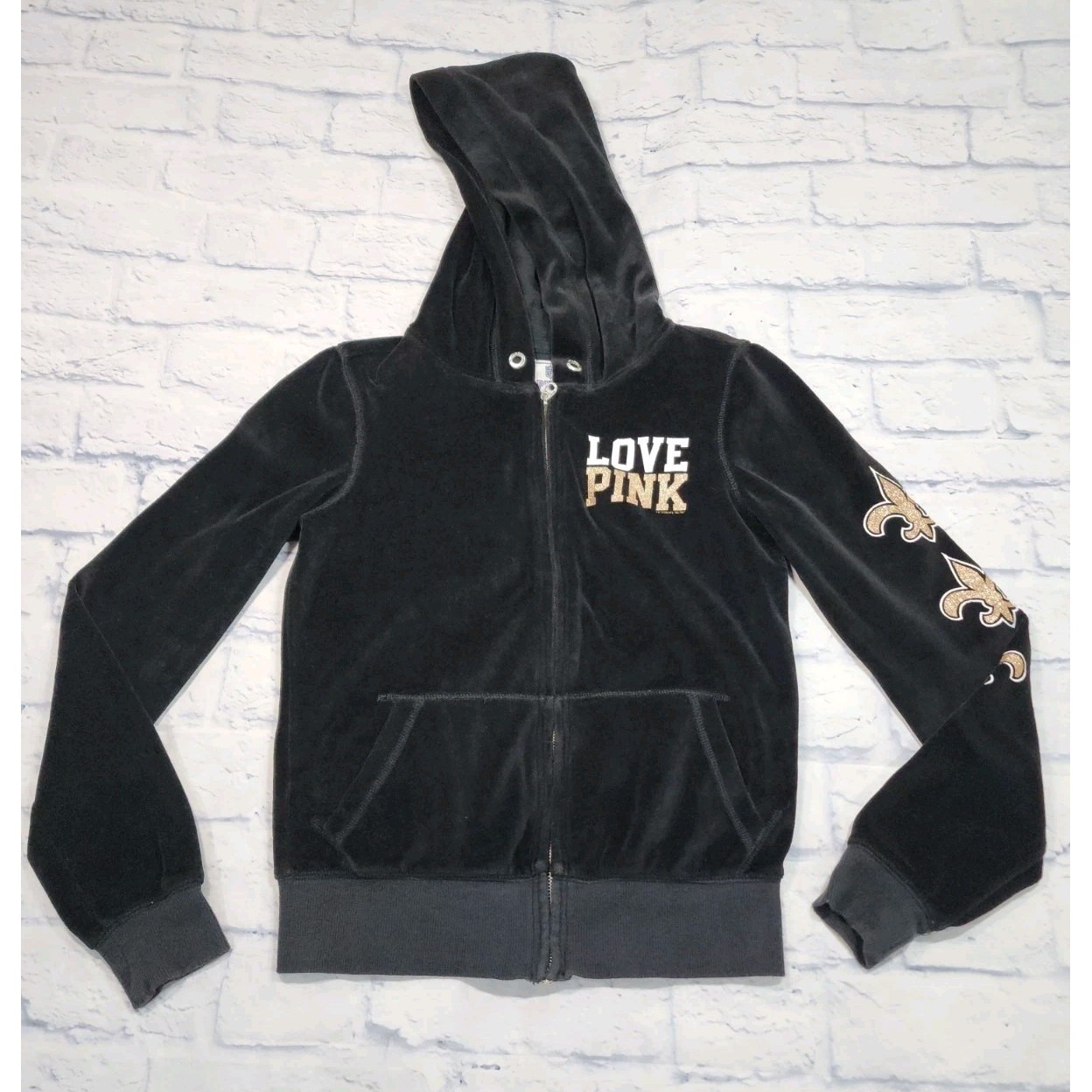 New Orleans Saints Victoria Secret Pink WOMENS XS Hoodie Sweatshirt Black Velvet