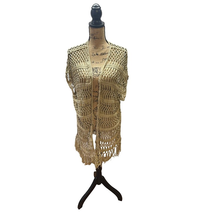 Macrame Open Fringed Cardigan Vest Beige Brown OS Sweater Boho Hippie Sleeveless