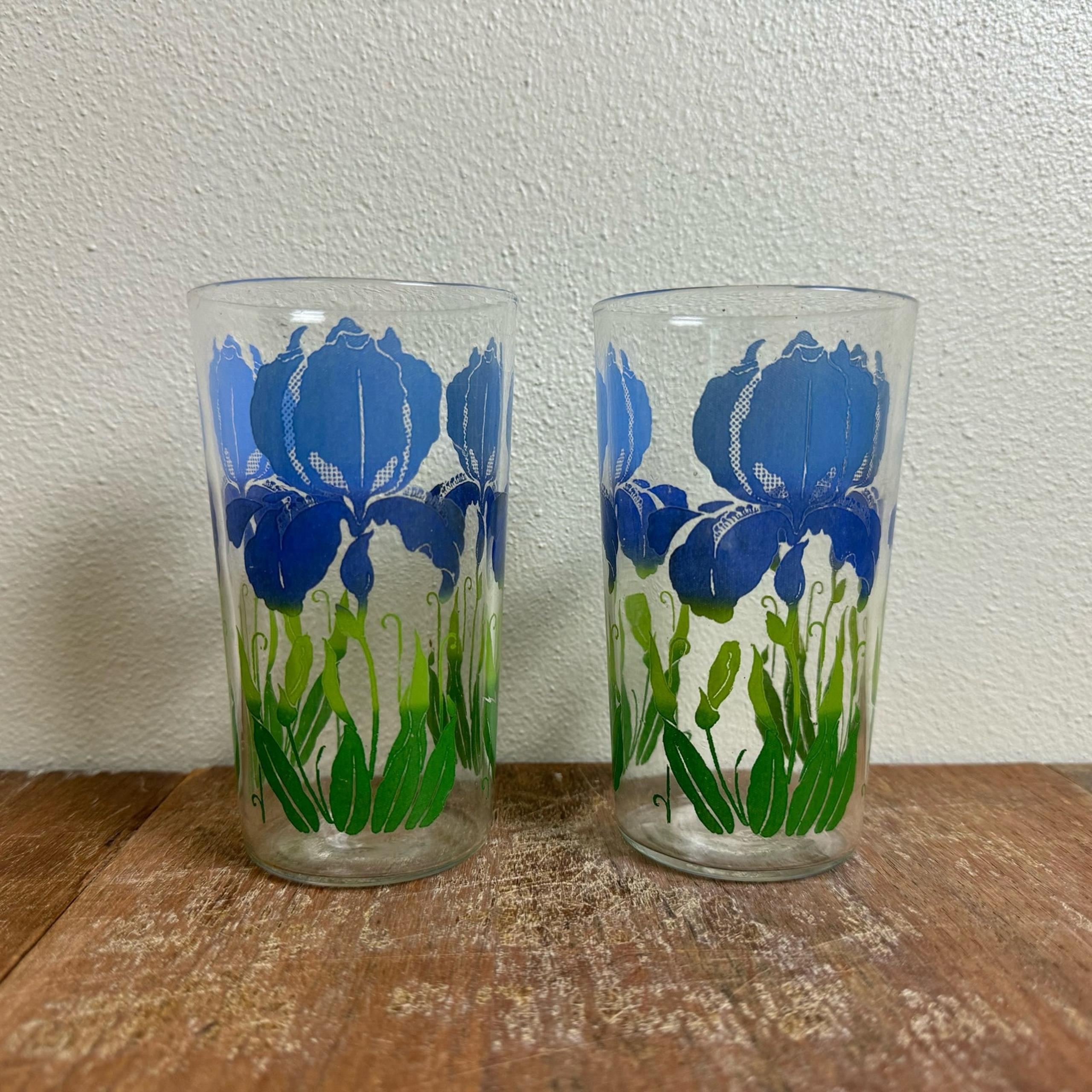 Anchor Hocking Vintage MCM Juice Cups Tumblers Blue Iris Flowers Set Of 2