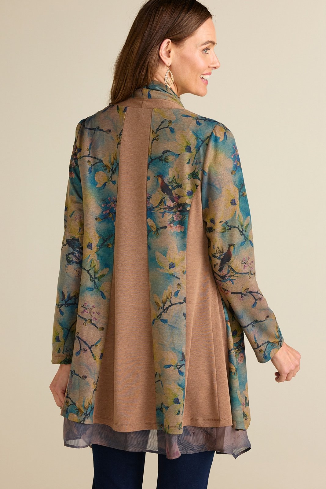 Soft Surroundings Cardigan Tea Gardens Topper Brown Bird Floral 2BZ08 Size SMALL