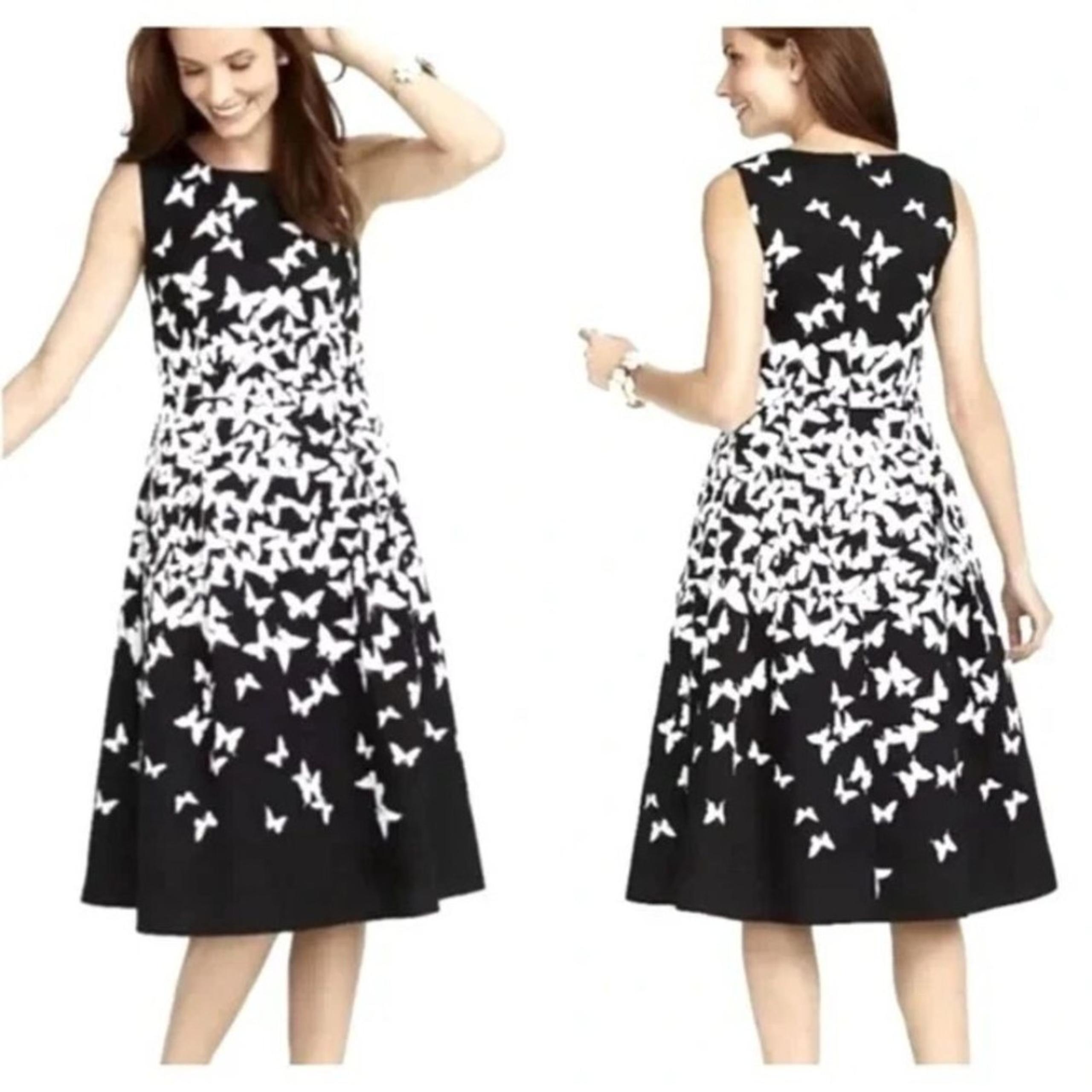 Talbots Women Midi Dress 16 Black White Butterfly Art Deco Sheath Spring Easter