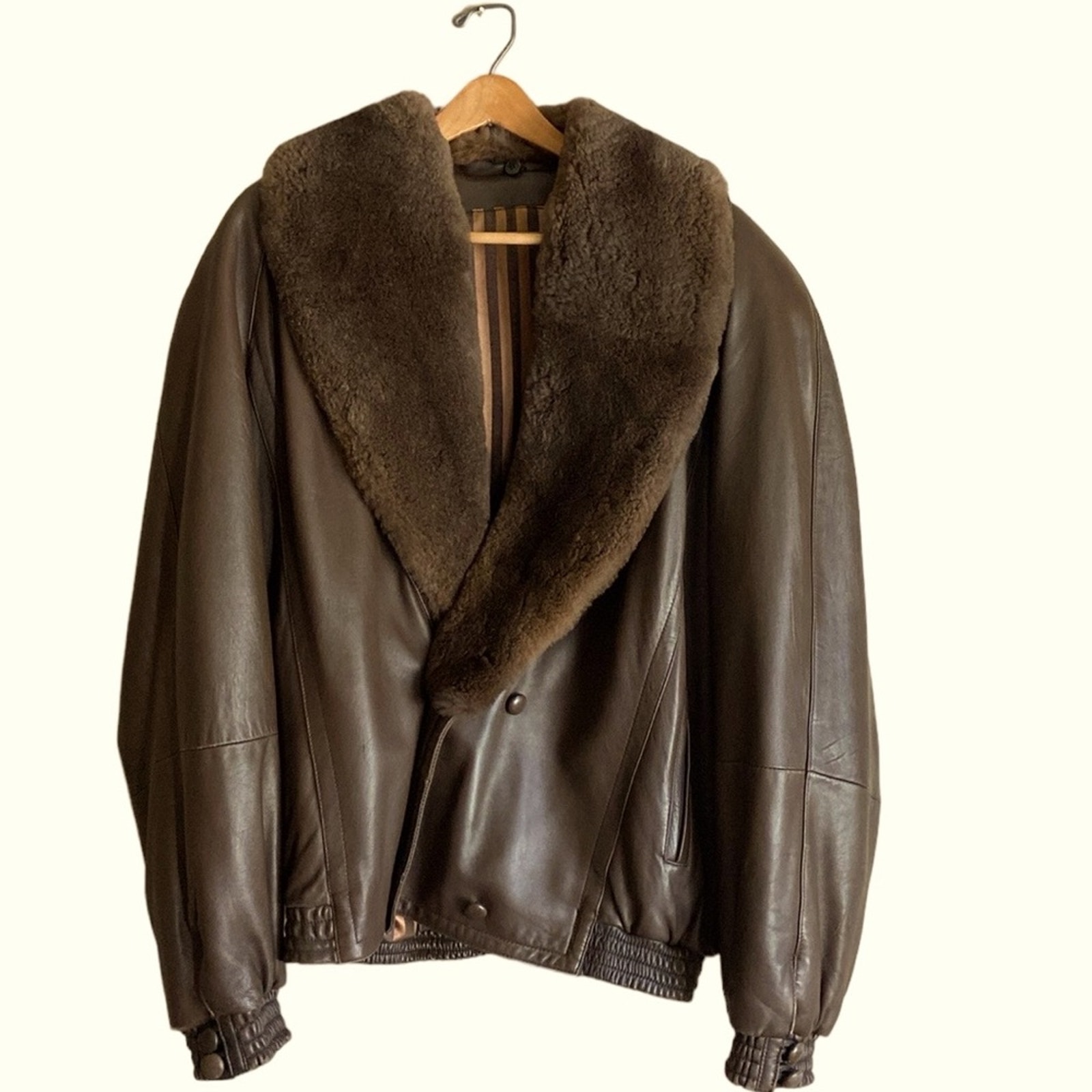 Vintage Rademakers Custom Made Men’s Faux Fur Collar Brown Leather Bomber Jacket