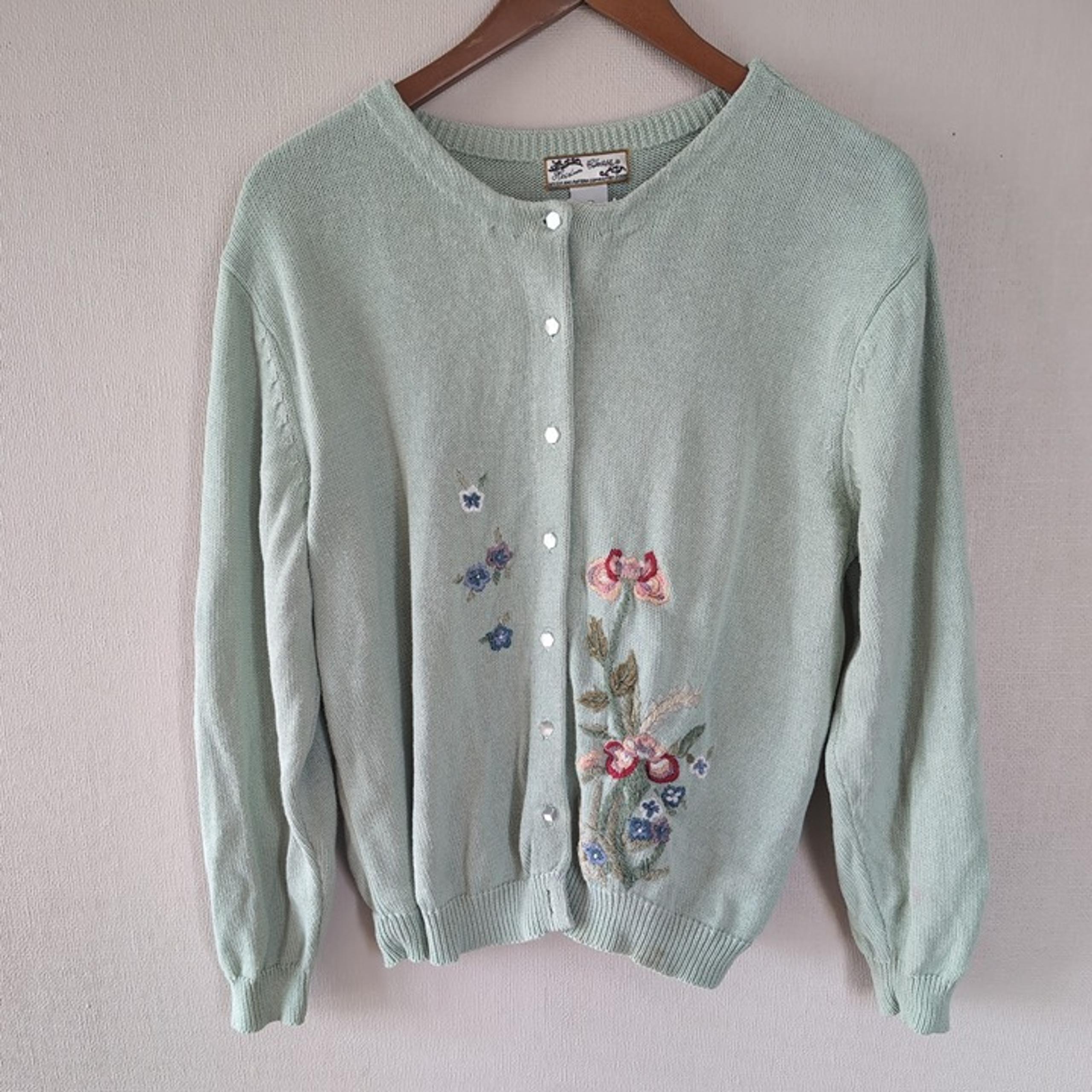 Vintage Floral Cardigan Pastel Sage Green 3D Embroidered Cottagecore Grandma