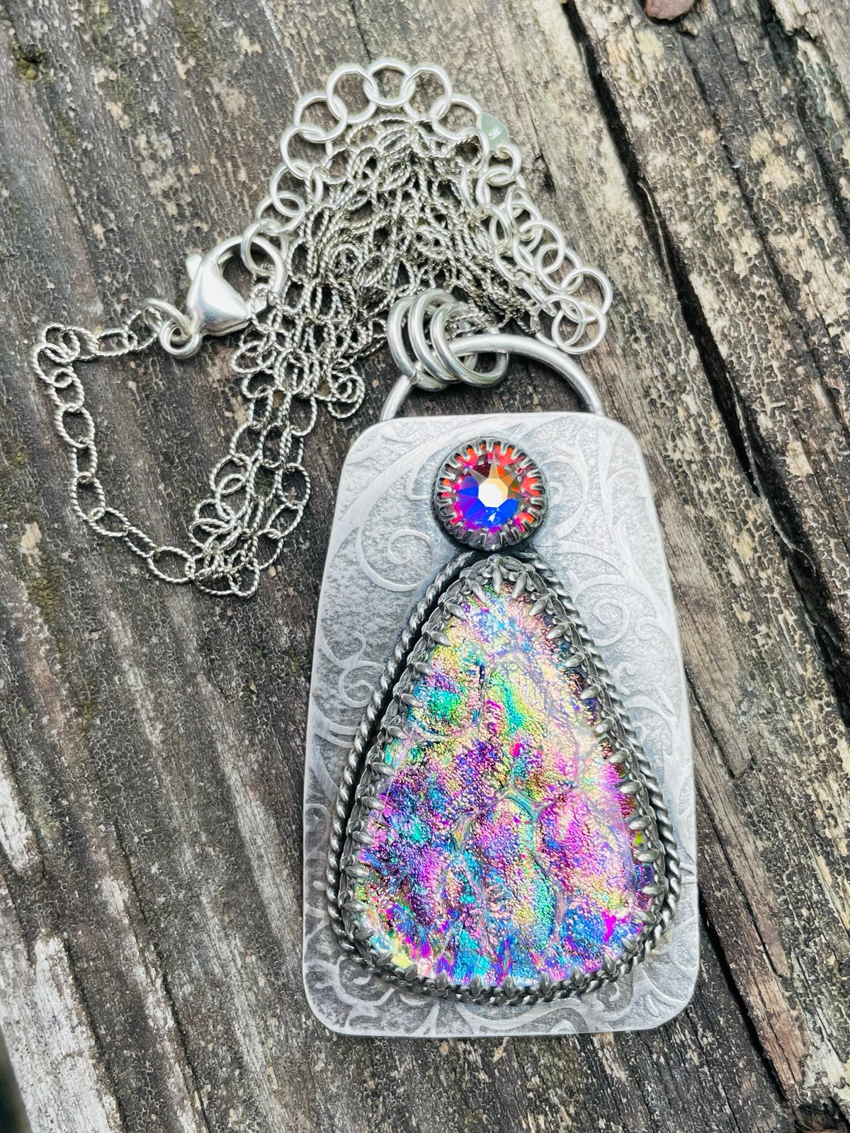 925 Sterling Silver Dichroic Glass Necklace with Swarovski Crystal ARTISAN MADE