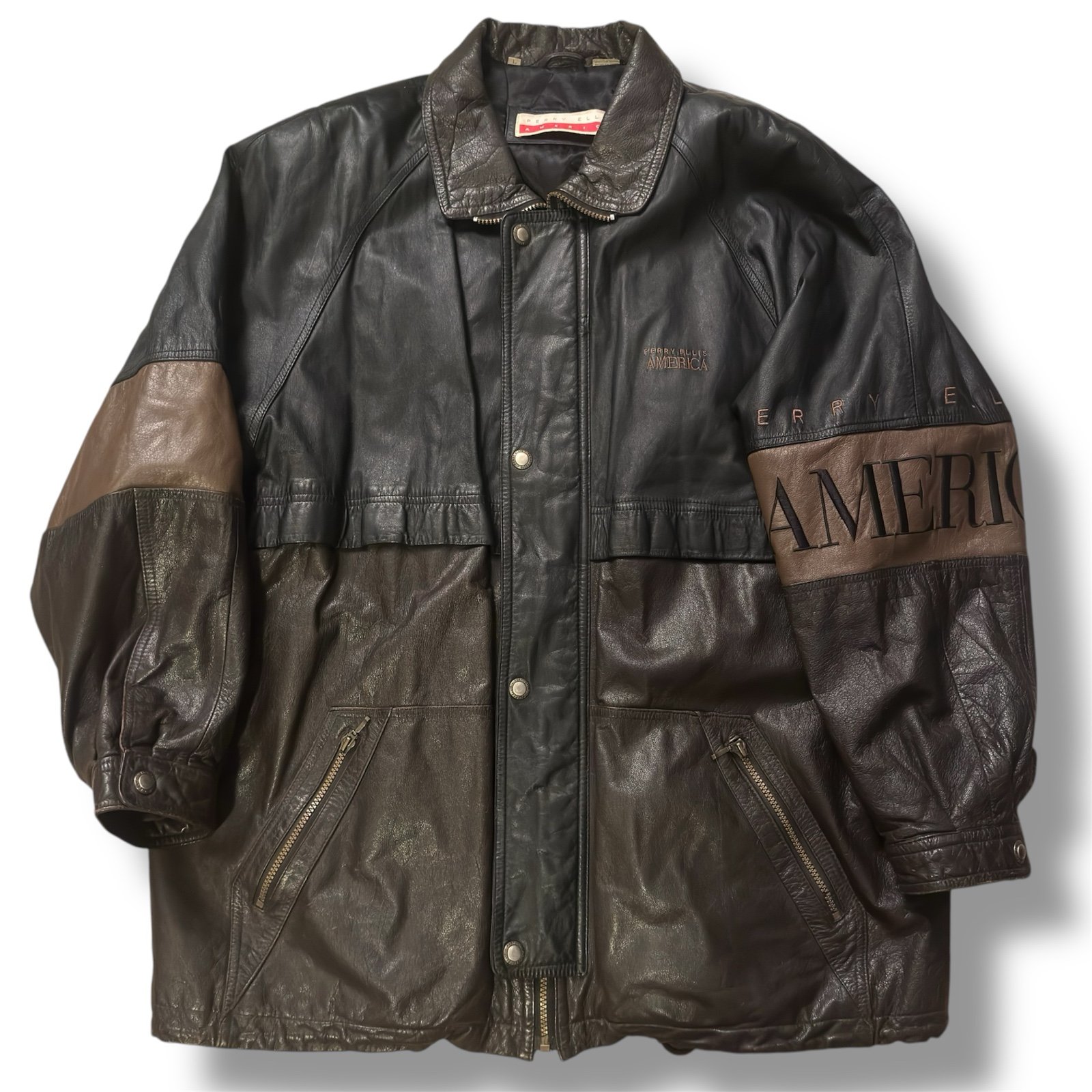 VTG Perry Ellis America Leather Jacket Brown Colorblock Bomber Spell Out