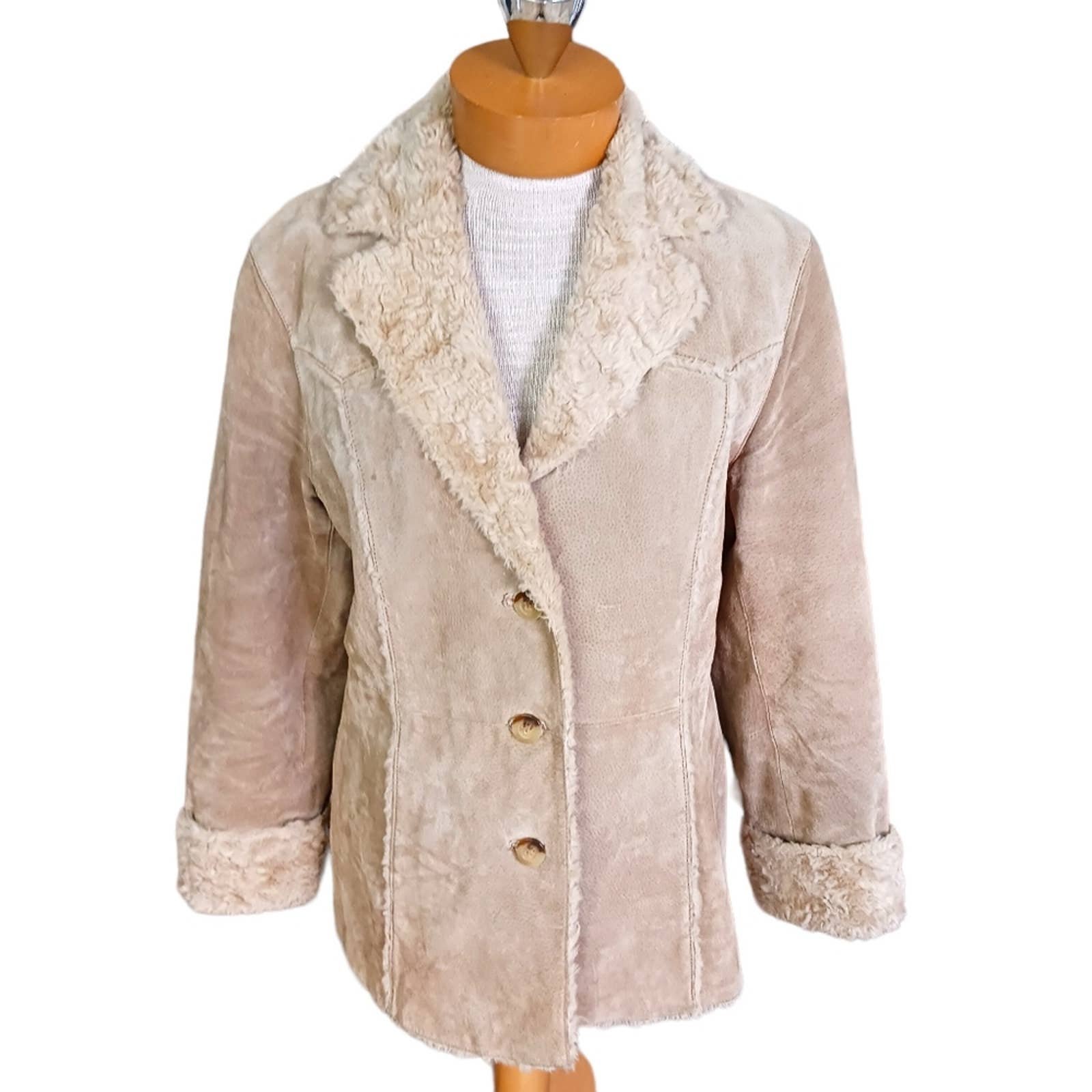Vintage St John's Bay Womens Winter Coat, Tan Leather, Sherpa, Fall Size Medium