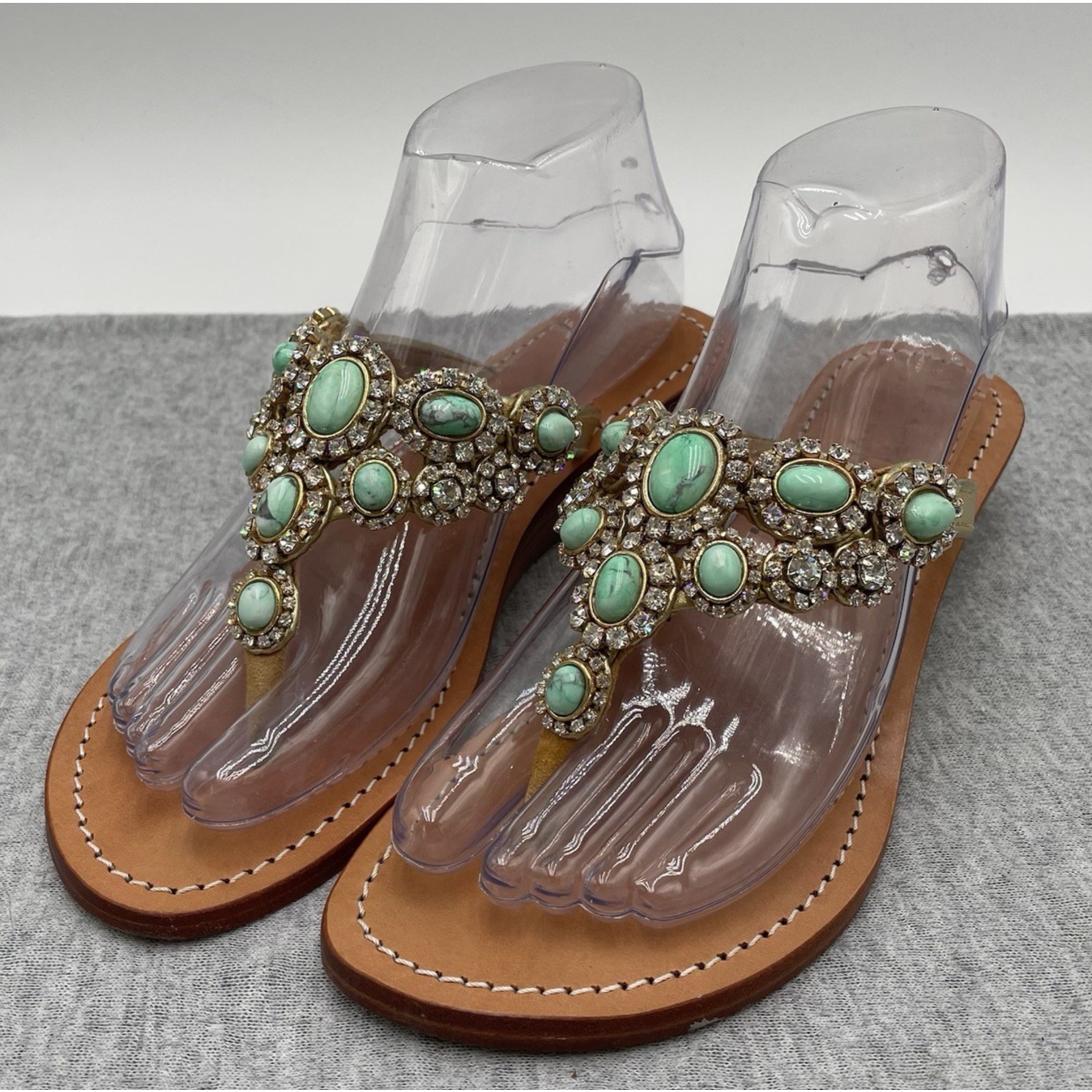 MYSTIQUE Sz 6 Teal Crystal Jeweled Wedge Leather Slide On Mule Wedge Sandals