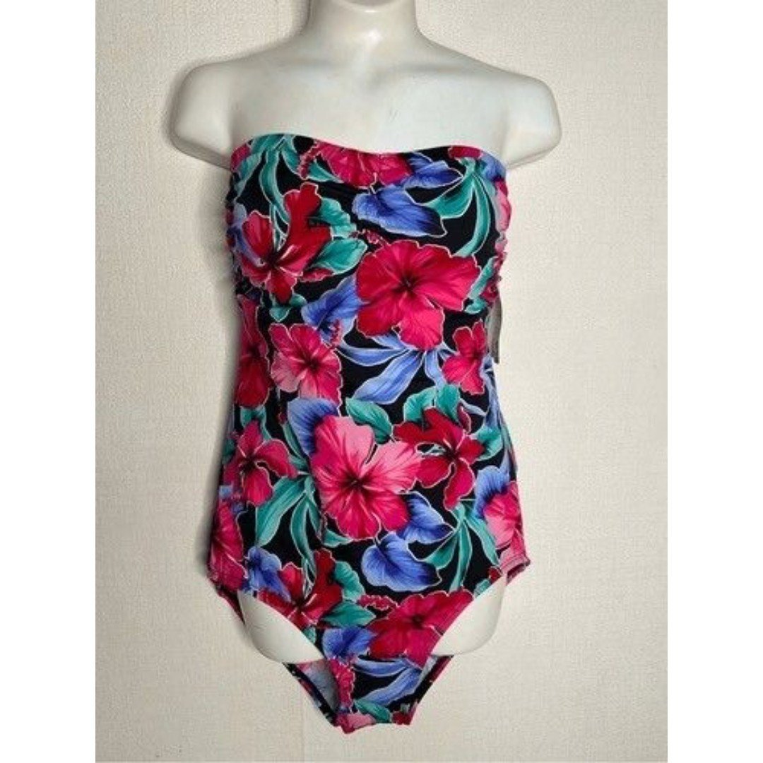 NWT Jantzen Halter Tummy Control One Piece Swimsuit Women Size 12 Tropical Flora
