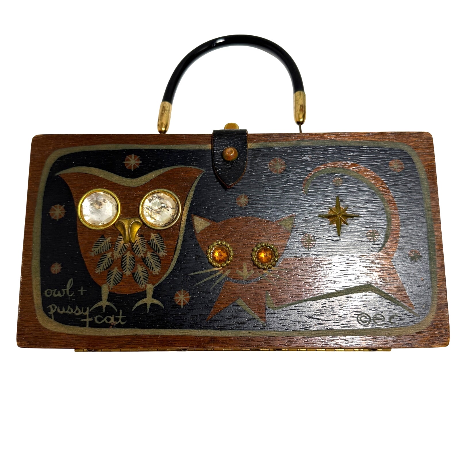 Enid Collins of Texas 1965 Owl & Cat Box Bag Vintage Hand Bag Signed Gems