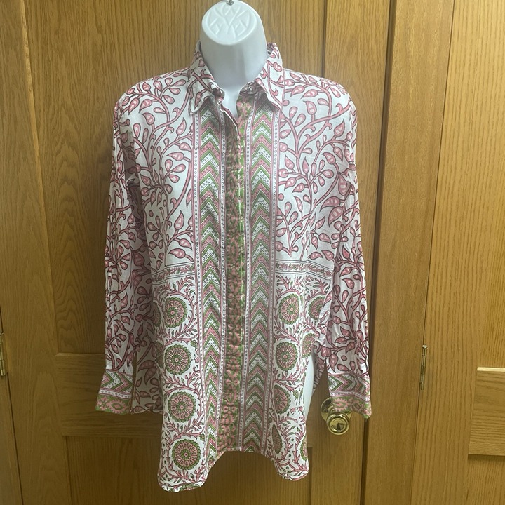 Women's Bella Tu Pink & Green l/s Leafy Print Blouse Top - Size XS
