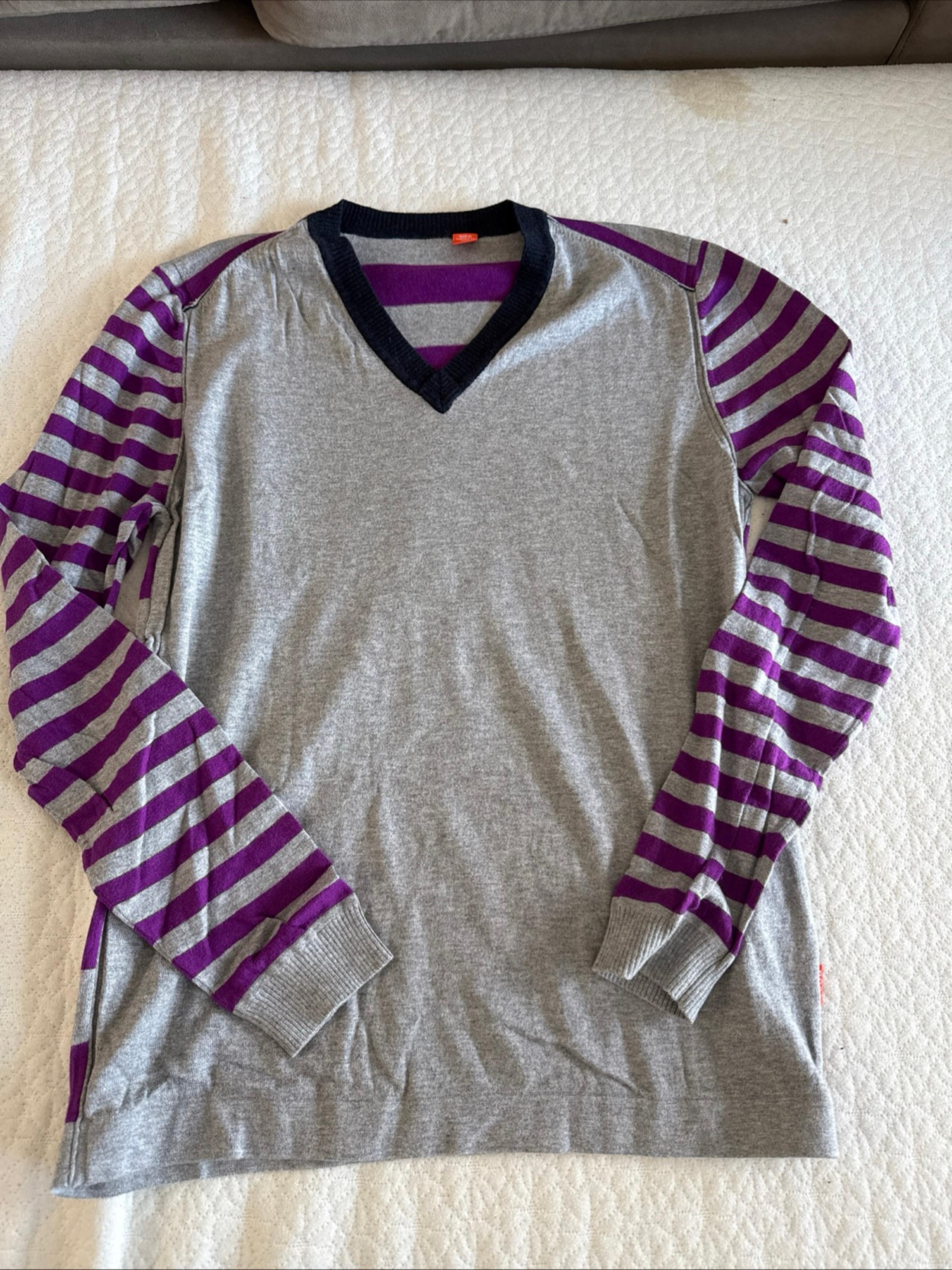 Hugo Boss Gray/Purple Horizontal Striped V-Neck Sweater Mens Sz L EUC