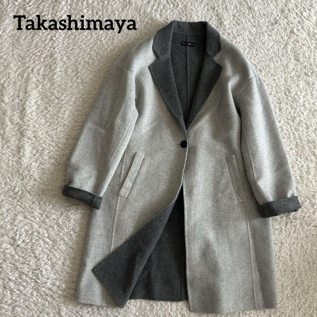 【Excellent Condition】Takashimaya Coat, Chester Coat, Size L, Gray, Wool, Isetan