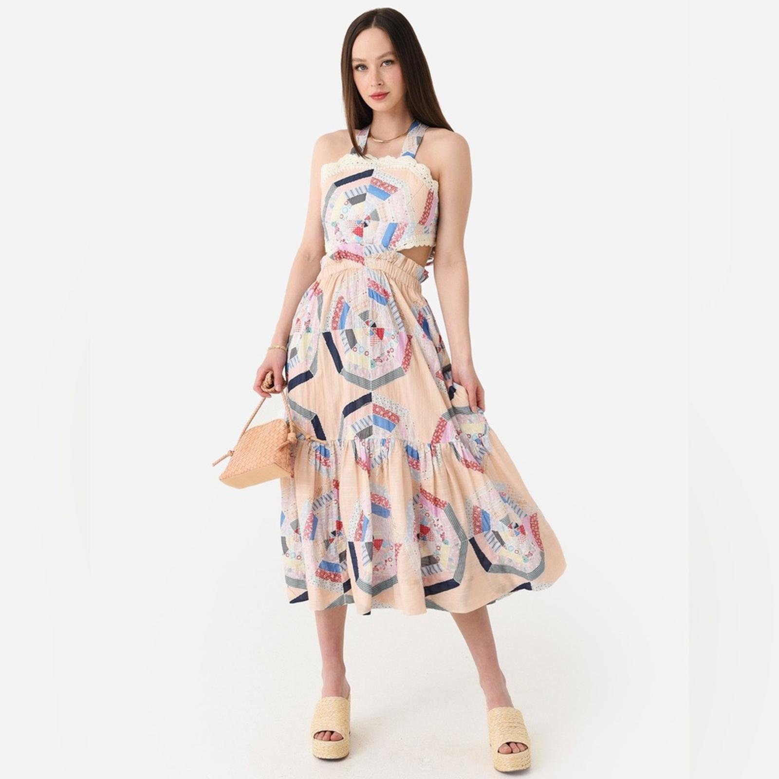 SEA New York Quin Patchwork Tiered Maxi Dress w/Cut Out, Size 6 New w/Tag