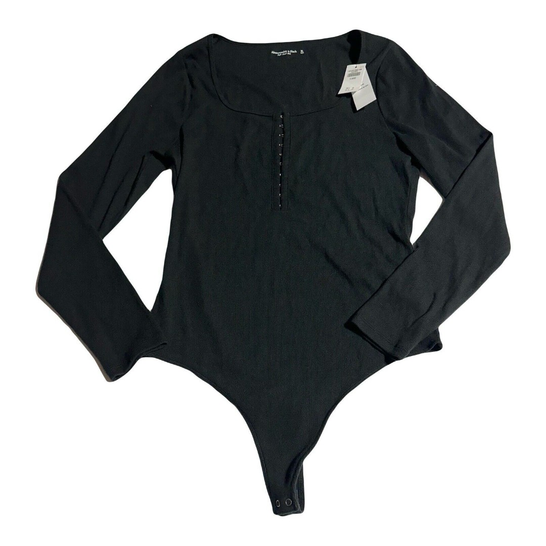 Abercrombie & Fitch Hook & Eye Soft AF Ribbed Black Henley Bodysuit Size XL NWT