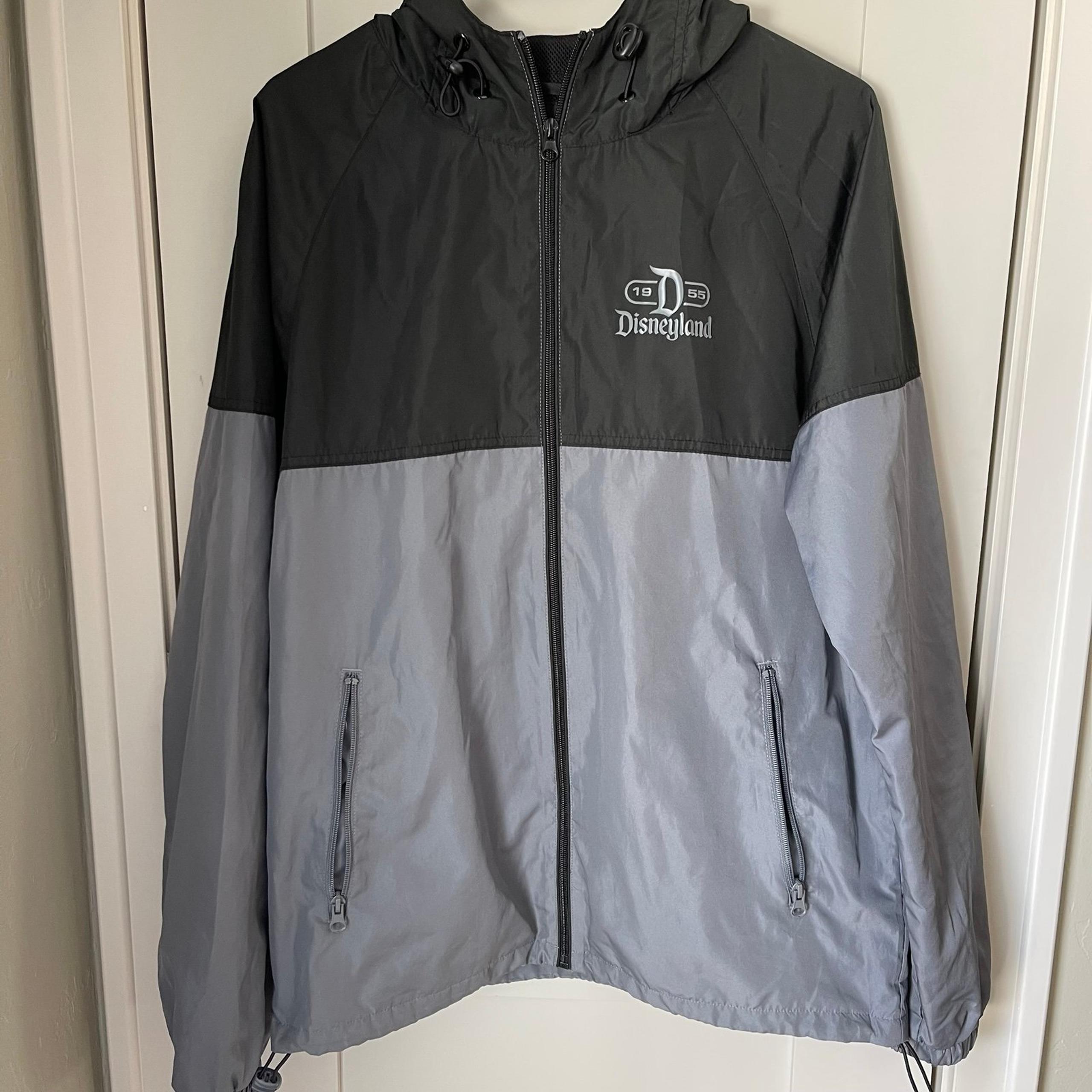Disney Parks Black and Gray Two Tone Windbreaker Jacket Small Mens Hooded Rain
