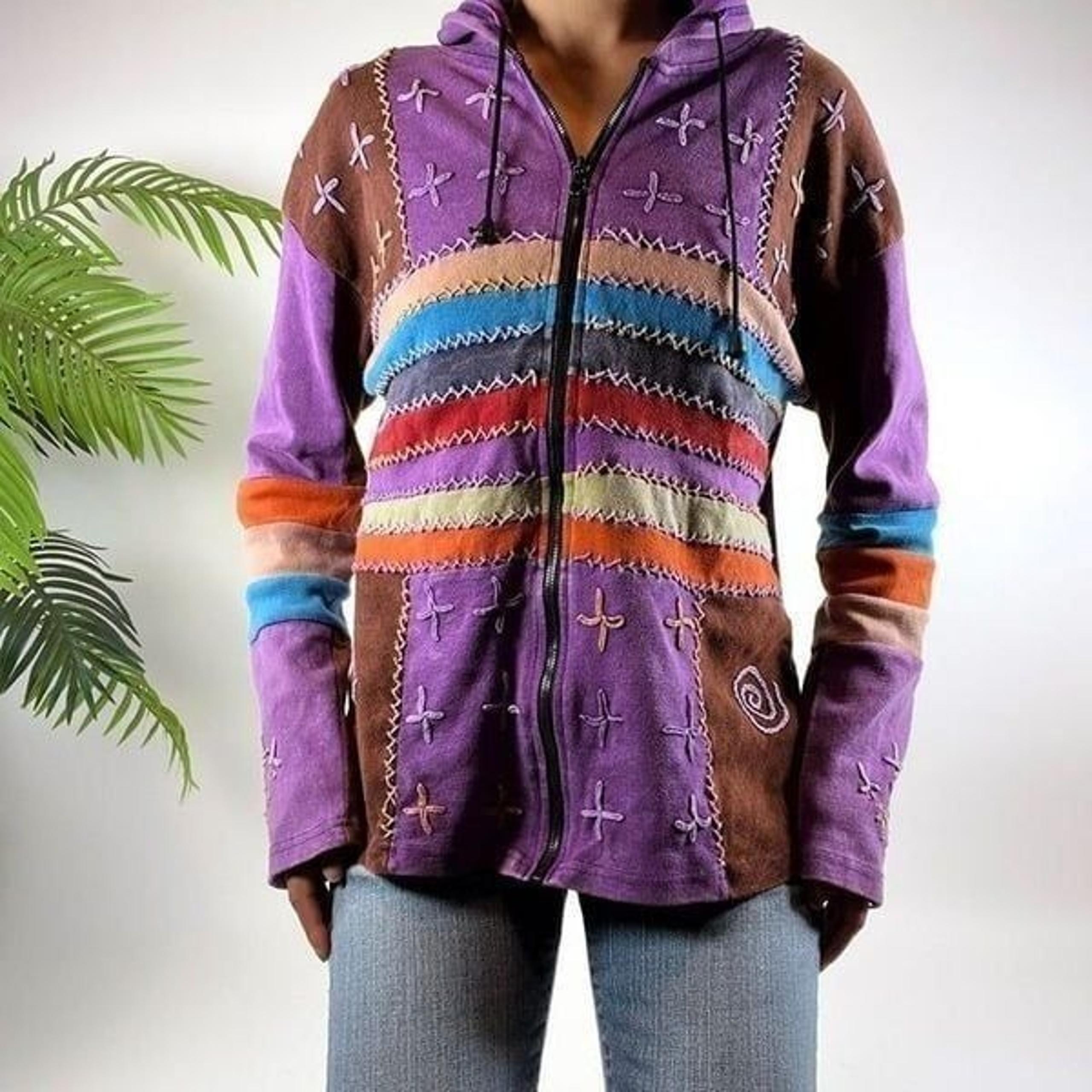 Vintage 90s Boho Fairy Grunge Striped Patchwork Hippie Hoodie Jacket / Size: M