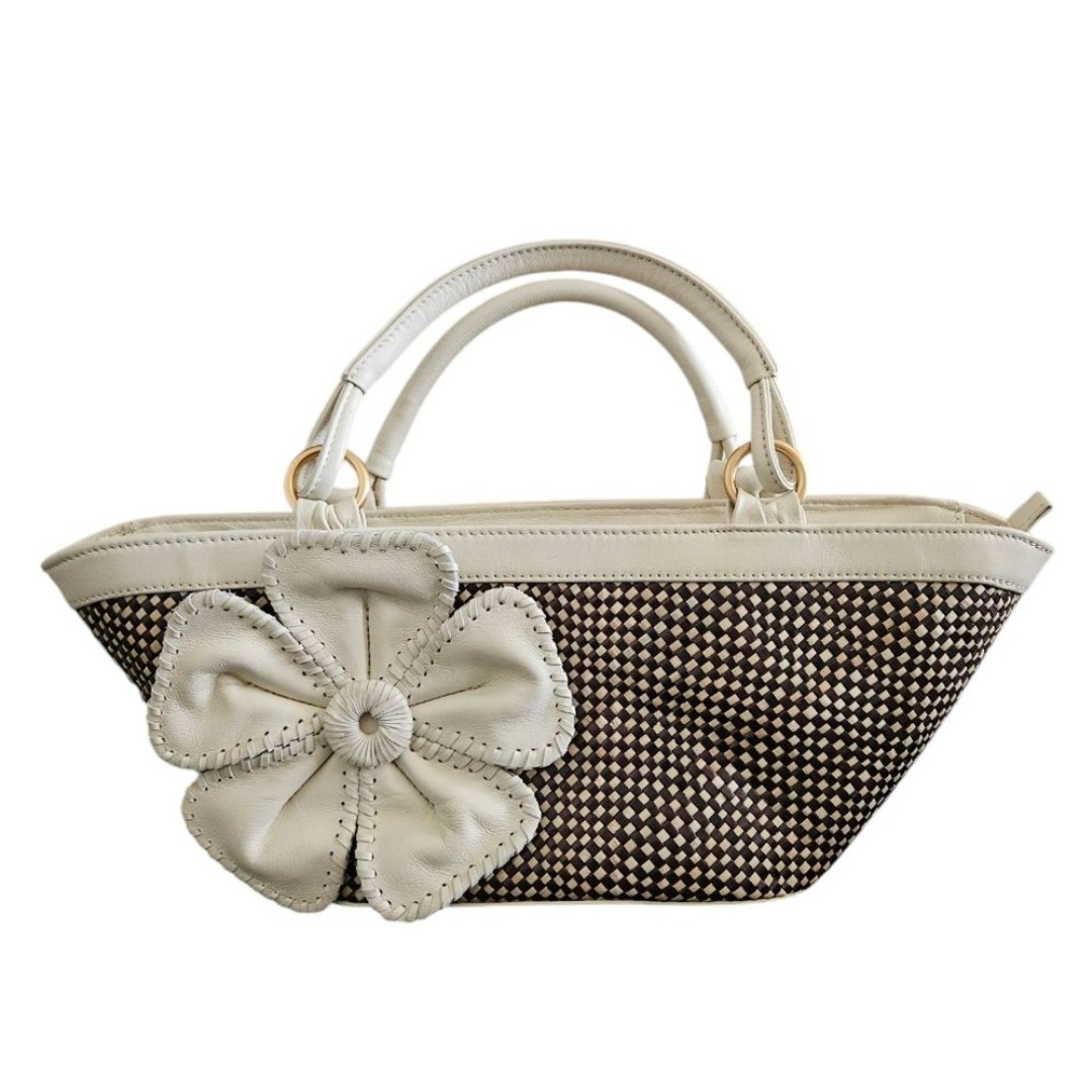 Inge Woven Ivory & Brown Leather Top Handle Satchel Bag