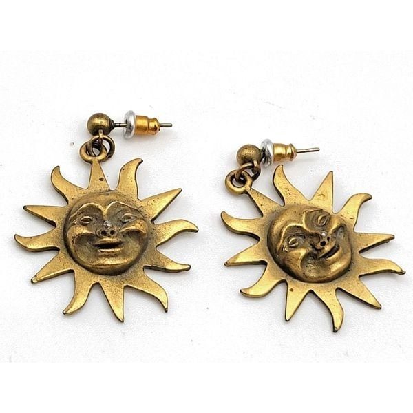 Vintage Alva Studios Smiling Sun Post Stud Back Earrings Signed Brass 1.5in