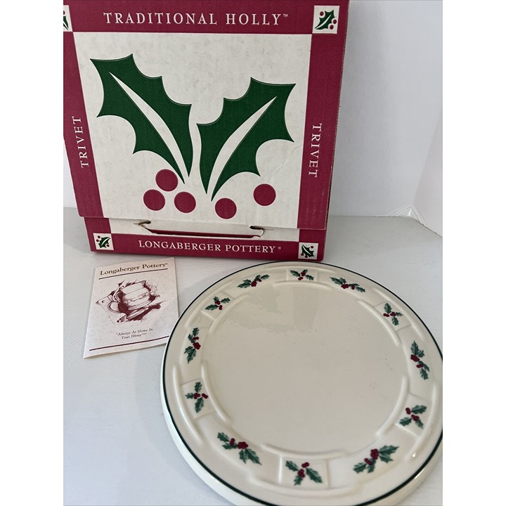 Longaberger Pottery Traditional Hot Plate Trivet Christmas Holly in box NOS