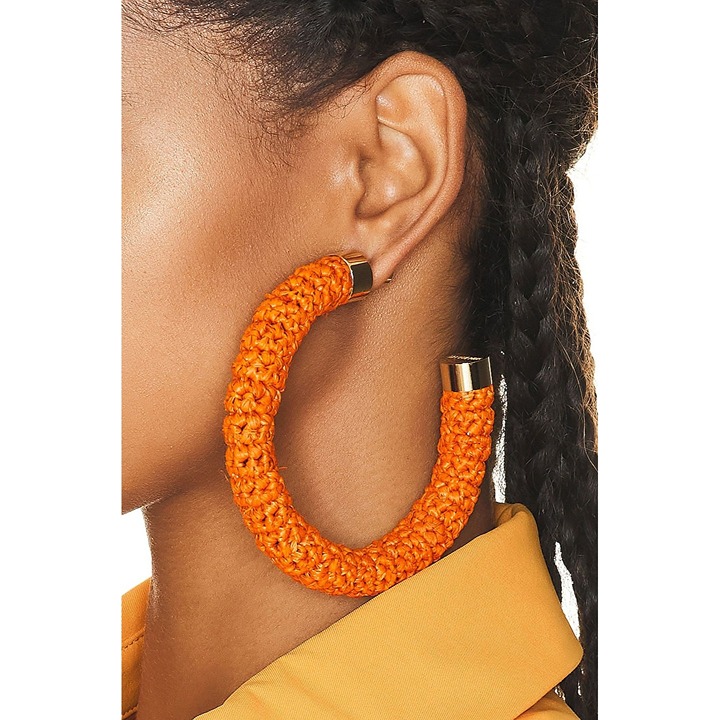 JACQUEMUS Les Creoles Raphia in Orange with box Womens Large Raffia Hoops