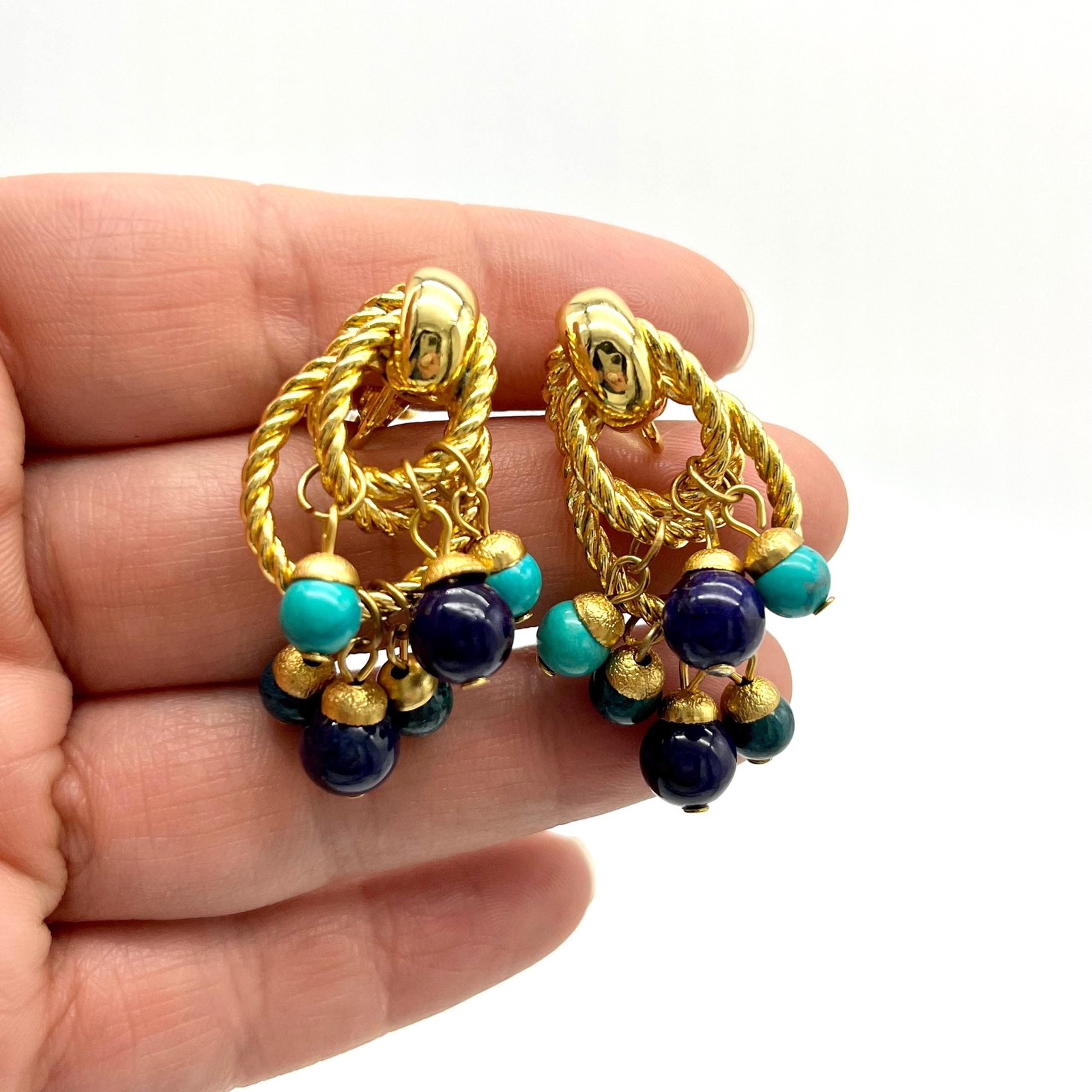 Diane Von Furstenburg Gold Tone Dangle Earrings Turquoise Blue Bead Clip On