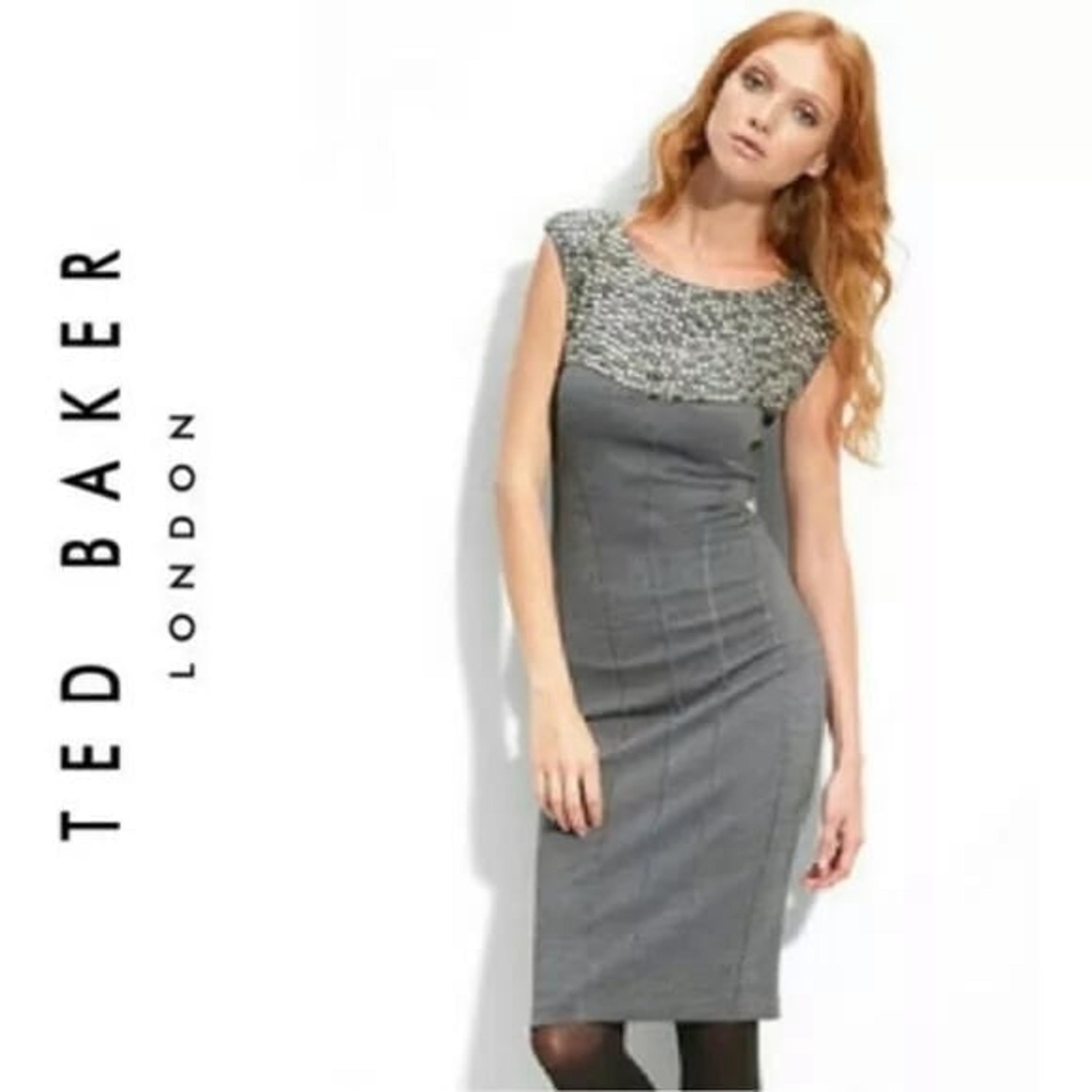 Ted Baker Studded Yoke Wool Lamu Gray Marl Pencil Bodycon Fitted Stretch Dress 1