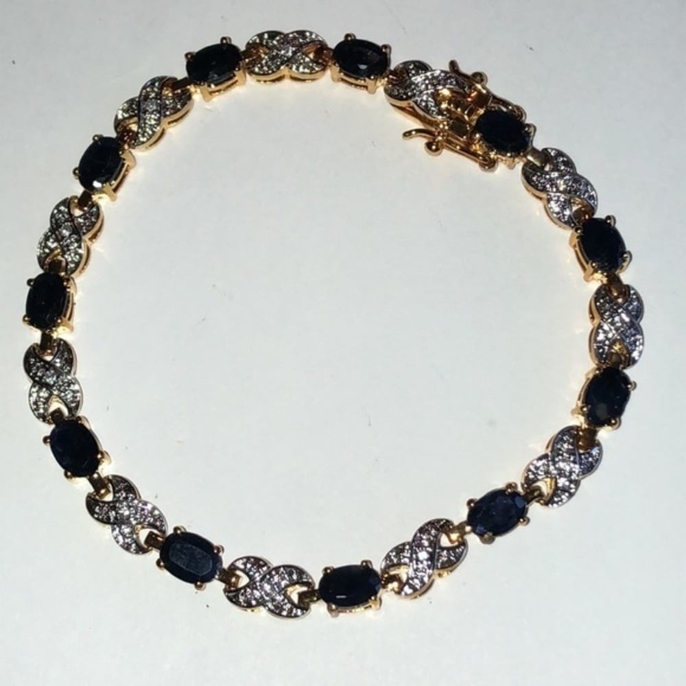 New Genuine Dark Sapphire & CZ Flash Two Tone Bracelet
