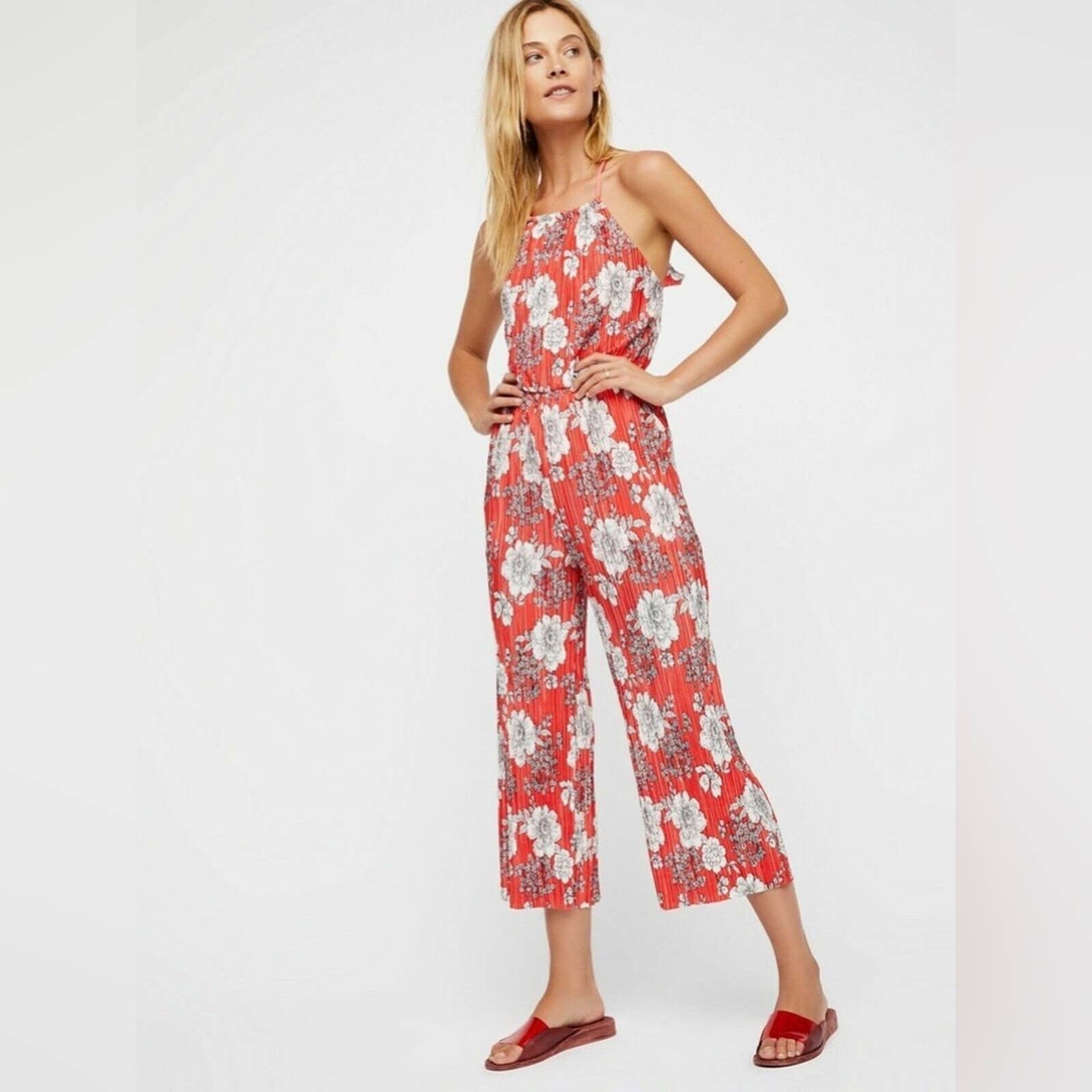 Free People fresh fields floral pleated jumpsuit orange Size XS