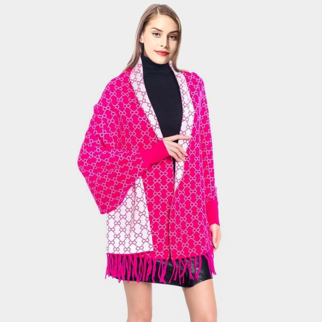 White Pink Print Shawl Fringe Poncho Scarf Sweater Open Front Cape Womens Wrap