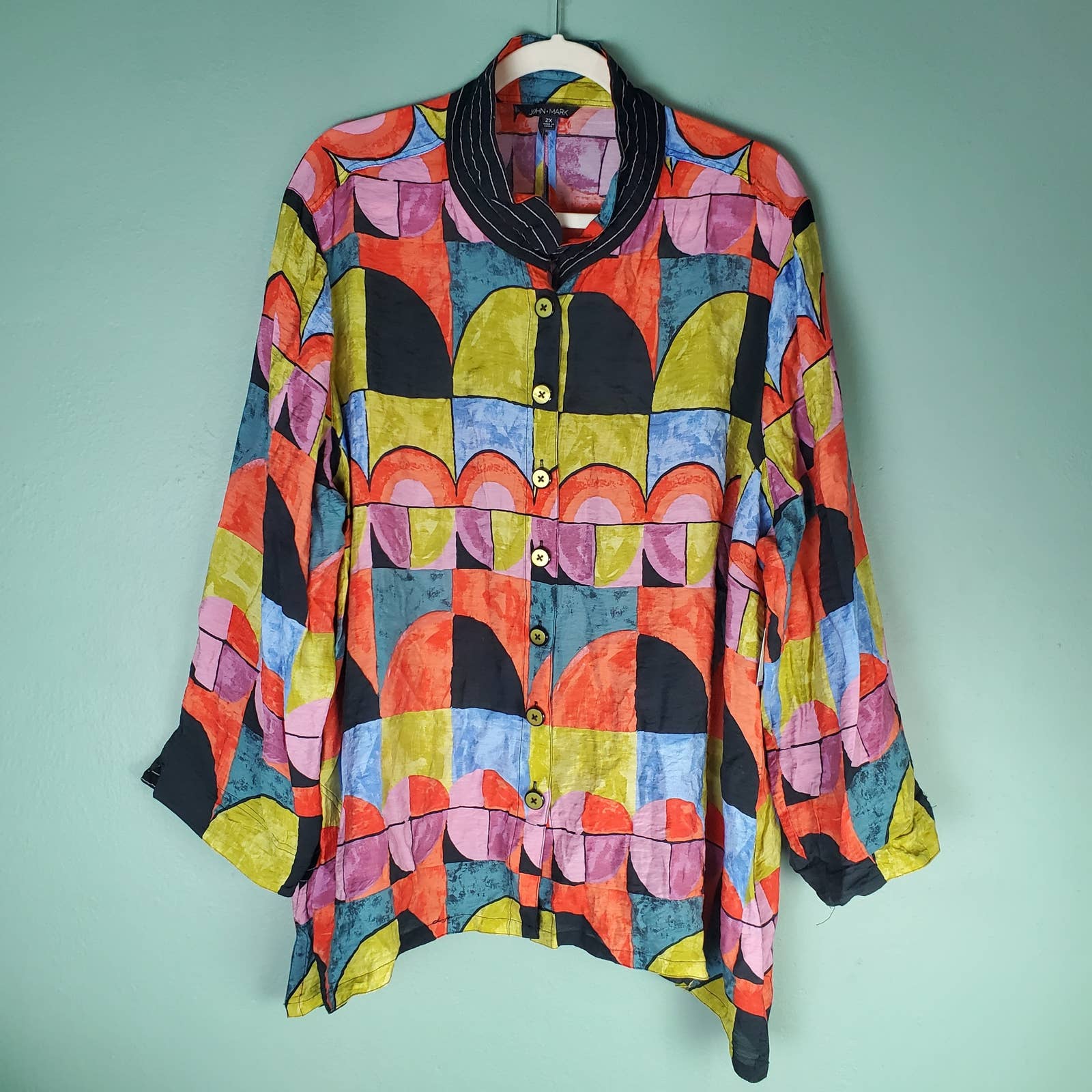 John Mark Artsy Boho LS Button Tunic Top Colorful Abstract Blouse Lagenlook 2X