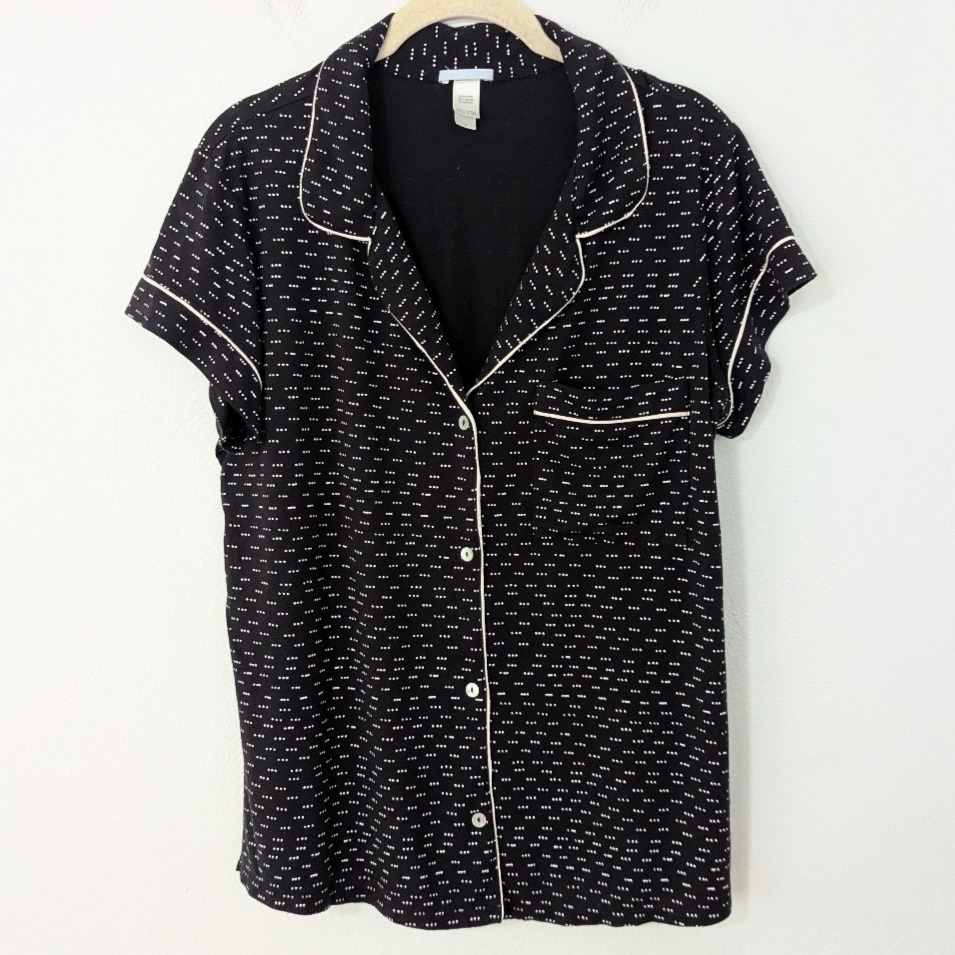 Eberjey Printed Short Sleeve Button Front Pajama Shirt Front Pocket Black Large