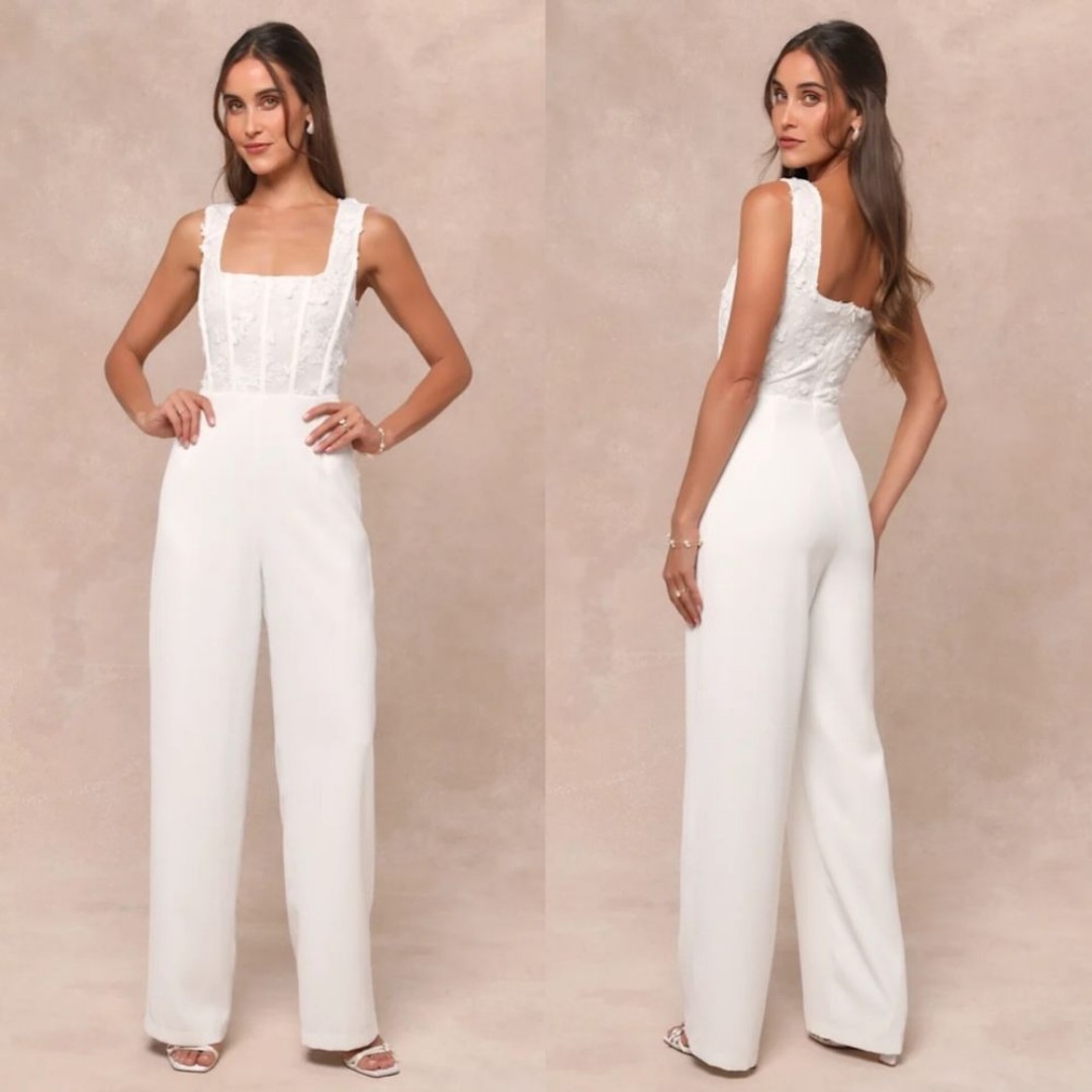 Lulus Truly Profound White Mesh 3D Floral Embroidered Bustier Jumpsuit M Wedding