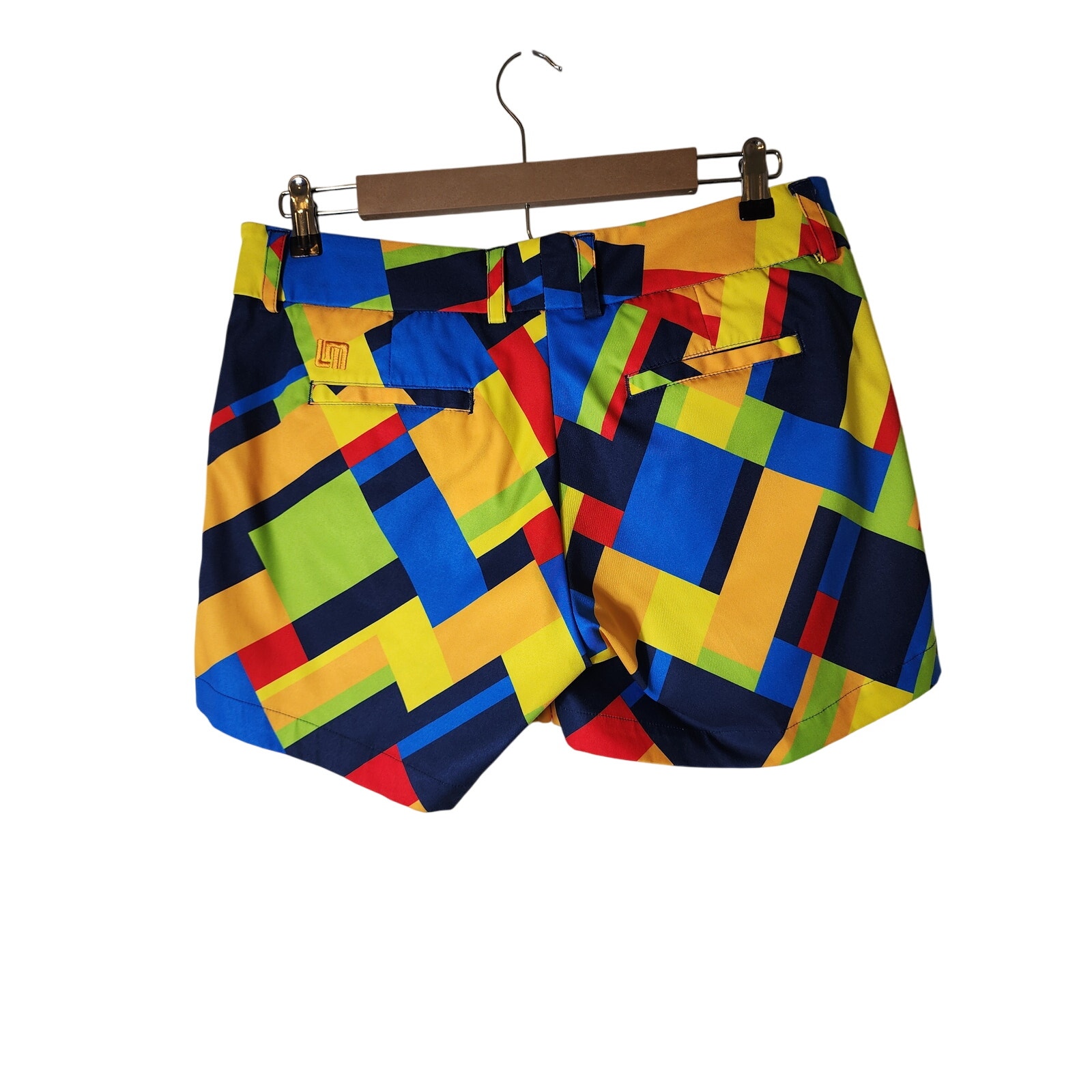 LOUDMOUTH Ladies Blue Yellow Geometric Active Outdoor Golf Shorts SZ 32 Waist