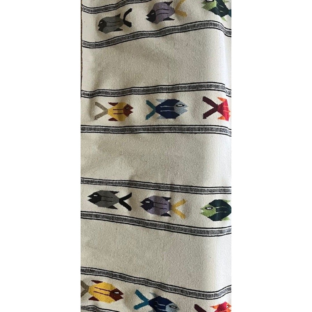Vintage Native/Mexican Blanket Colorful Fish/White Off Throw Rug 84x40 Inches
