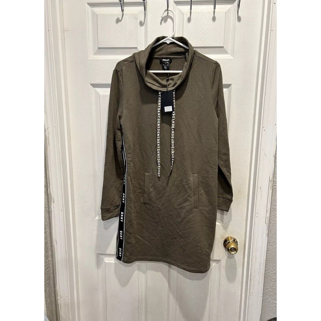 DKNY Women's Hoodie Logo Tape Dress Olive Green Size Large NWT