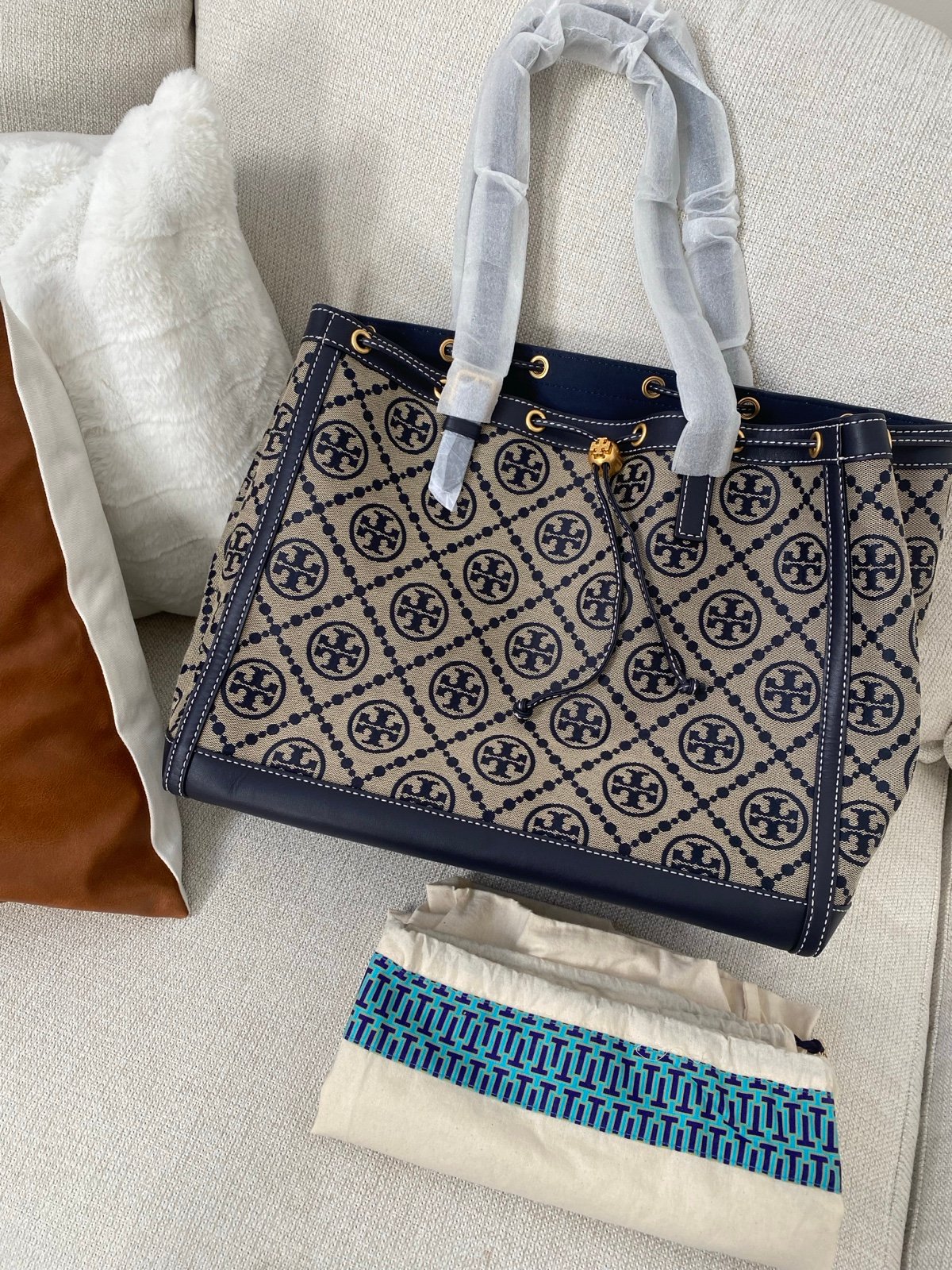 Brand New Tory Burch T Monogram Jacquard Tote Bag - Navy Blue