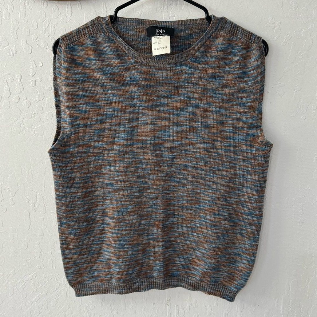 Liola Made in Italy 100% Wool Blue Brown Mulitcolor Marled Knit Sweater Vest L