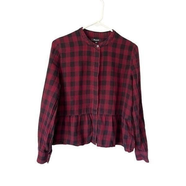 Madewell Lakeside Peplum Shirt in Buffalo Check size M Red Black Button Front
