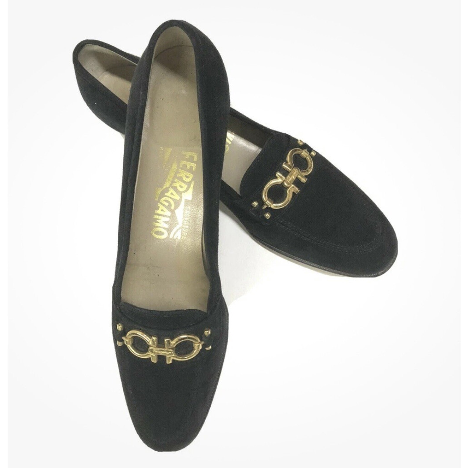Salvatore Ferragamo Black Suede & Patent Leather Heeled Pump 7 AAA EUC Vintage